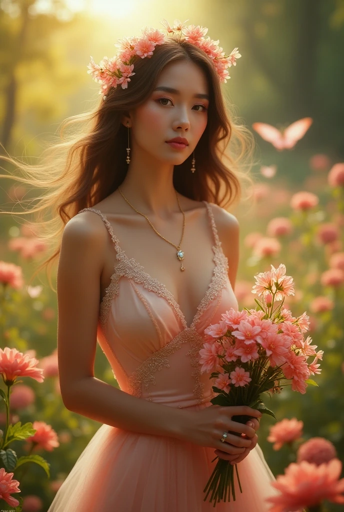 （best quality，4k，8k，high resolution，masterpiece：1.2），super detailed，（lifelike，photorealism，photorealismism：1.37），Colorful flower field，Beautiful girl in wedding dress，dreamlike atmosphere，sweet and happy，soft sunshine，bright colors，Quiet and peaceful，happy expression，romantic scene。Lavender，tulip，Rose