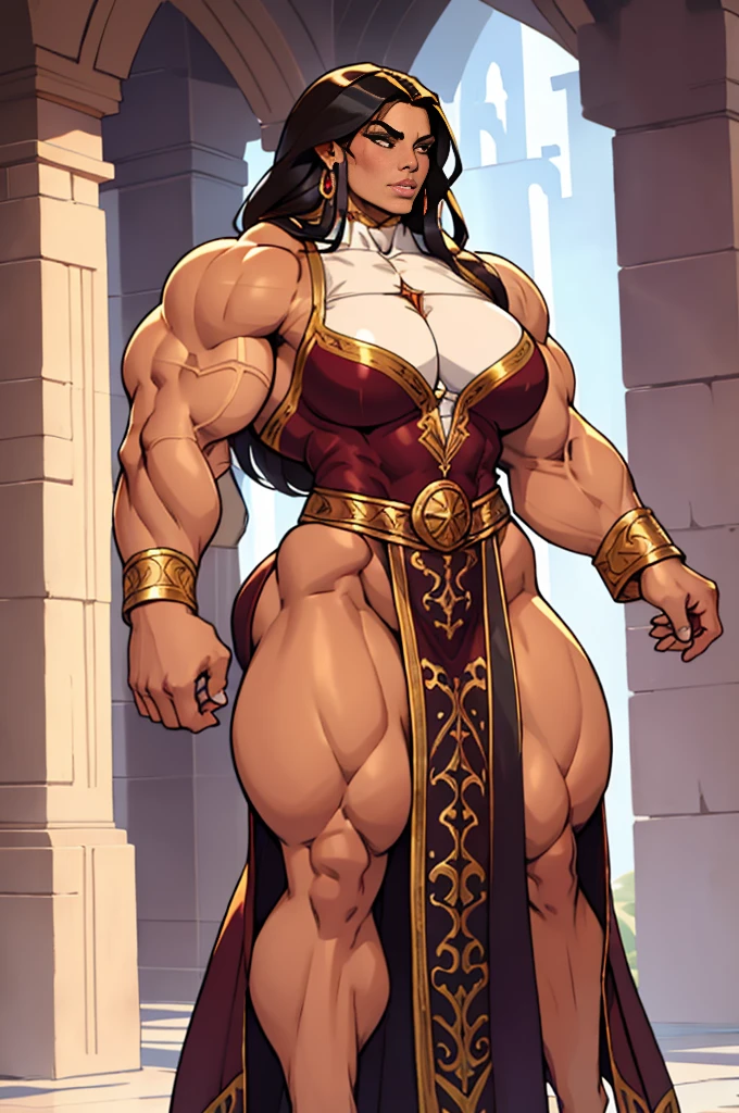 muscular massive 20 yo latina woman, fantasy sorceress, very long hair, sensual beautiful woman, magnificant ornate robe!!, very massive powerful and muscular physique, strong well defined muscle, massive powerful bodybuilder physique, perfect and flawless musculature, great muscle definition, buff hypermuscular sorceress