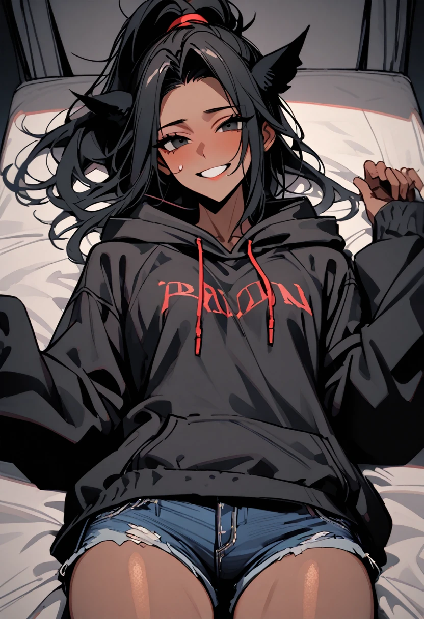 solo, male:1.1, femboy, dark skin, long hair, ponytail, black hair, black eyes, oversized hoodie, denim shorts, close up, shapely thighs, tall, thick thighs:0.3, looking at viewer, broad shoulders, drunk:1.3, drunken smile, pov, lying flat on bed, face up, cowboy shot, black animal ears, inviting, raised shirt, erection under clothes