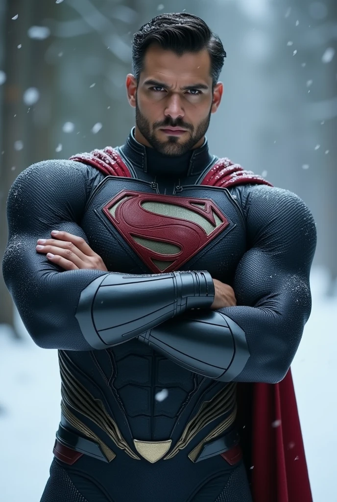 full body shot of a muscular attractive Nicholas Alexander Chavez, with short beard, wearing a Superman suit, dark red boots, The character is represented in a crossed arms posture. His expression is serious and reflects a sense of confident and determination. The background is blurred, suggesting a cold, possibly snowy environment, with snowflakes gently falling around the character, adding a somber and intense atmosphere to the image. The color scheme is dominated by dark tones, with the armor in black and silver hues