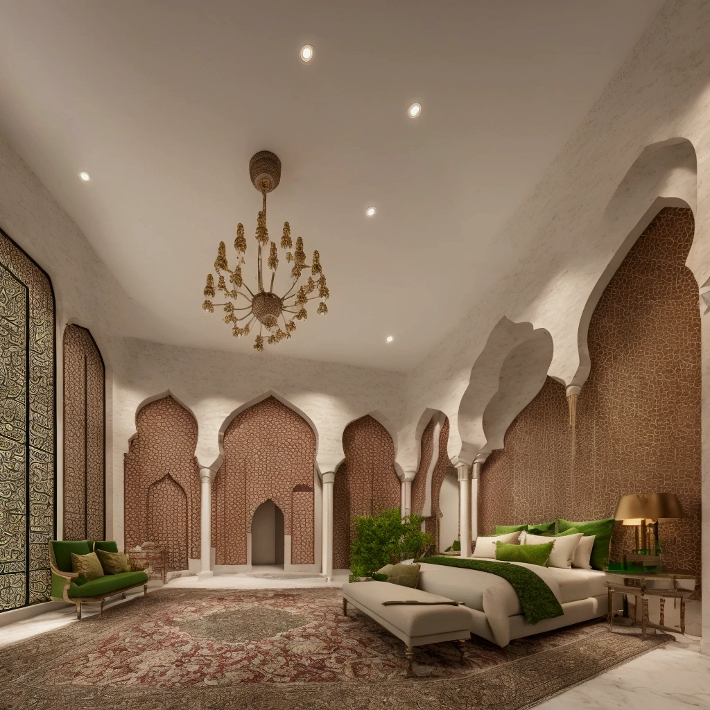 A beautifully detailed bedroom mosque interior, intricate arabesque patterns, soft lighting from stained glass windows, large glass window, rich green and rose colors, one big TVs , detailed calligraphy, serene and calming atmosphere, one sofa, photorealistic, 8k, ultra-detailed, masterpiece, professional lighting, vivid colors