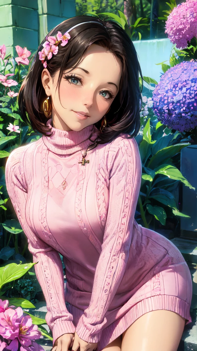 ( lyrics,  high resolution, Fine details), surrounded by flowers, Quality lace, pink sweater, alone, curvy mature woman , bright eyes, (fine grain:1.2), smile, blush, sweat, oily skin, soft tones,   shallow depth of field 