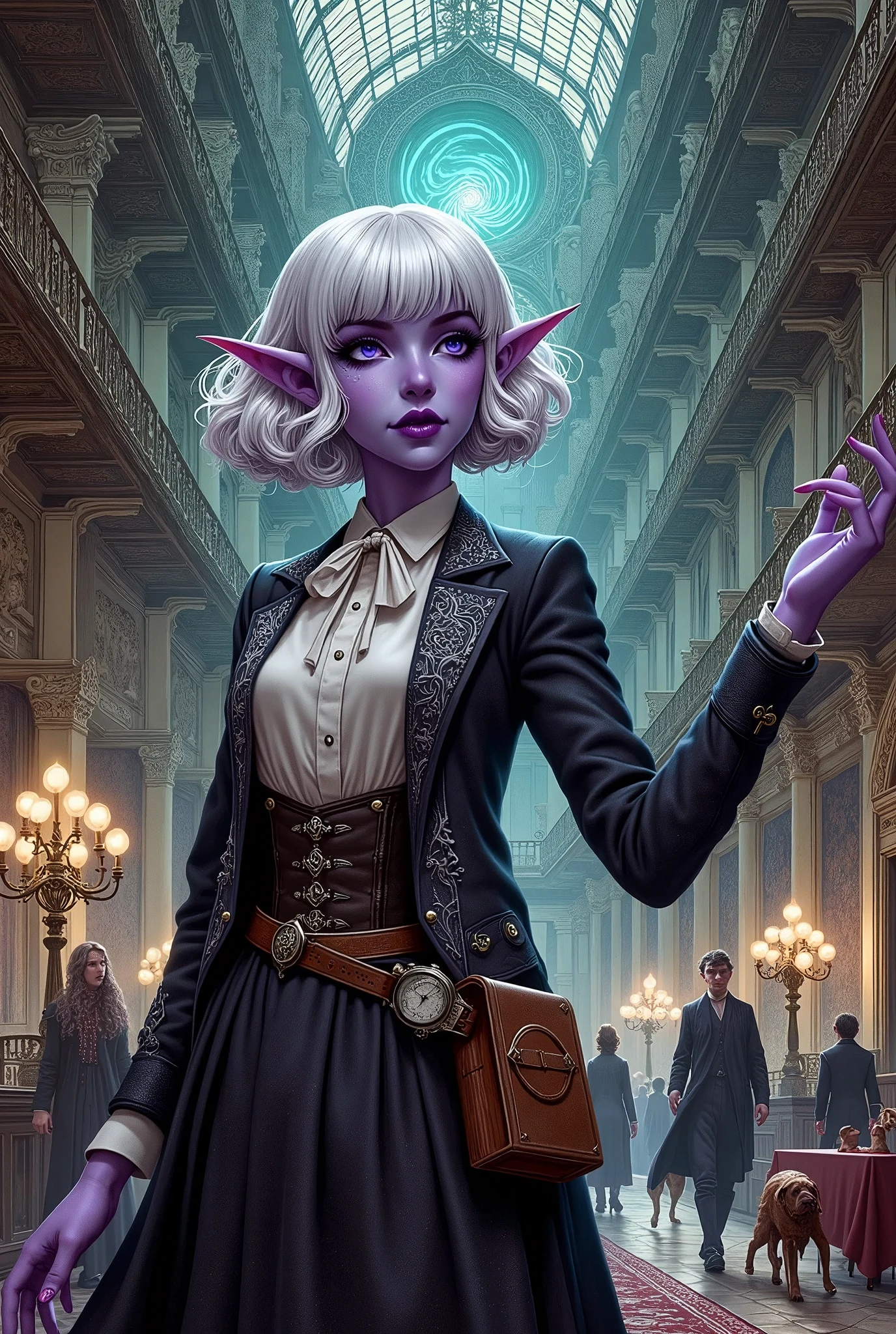 (Ultra-detailed face, Looking away, Fantasy Illustration with Gothic, Dark tone colors.), BREAK 
(The dark elf woman station attendant guides us through the labyrinthine station with an affable smile, bold pose and large gesture, pointing out directions with the palm of her hand in what looks like a large, traditional and quaint 18th century English train station building. The station's interior is a labyrinth or maze of stairs, floors, walls, and ceilings, intricately lined. The furnishings are as elegant as those of an English royal family, with ornate chandeliers, carpets, tables, chairs, curtains, wall paintings, and sculptures. ((Numerous portals to other dimensions appear, with light swirling around them instead of doors. This is a junction to another dimension.))), BREAK 
(A female dark elf station attendant wears a silver hair ornament and a white ribbon tie. She is wearing a blouse, jacket and skirt in the style of a traditional English station attendant. She wears simple pumps with silver ornaments. On her waist she wears a large, old-fashioned silver pocket watch, and in her hand she carries a thick, old leather-bound timetable book.), BREAK 
(A dark elf woman stationer of a young age with pure white hair and eyebrows, blunt bangs, a curly bob hairdo, small pink lips, dark purple skin, lavender eyes, and thick, dark eyeliner around her eyes.), BREAK 
(This is an old-fashioned station in the gothic, 18th century English style. People dressed in 18th-century English costumes walk through the station, stopping, sitting on chairs and chatting with each other. ren and dogs are running.)