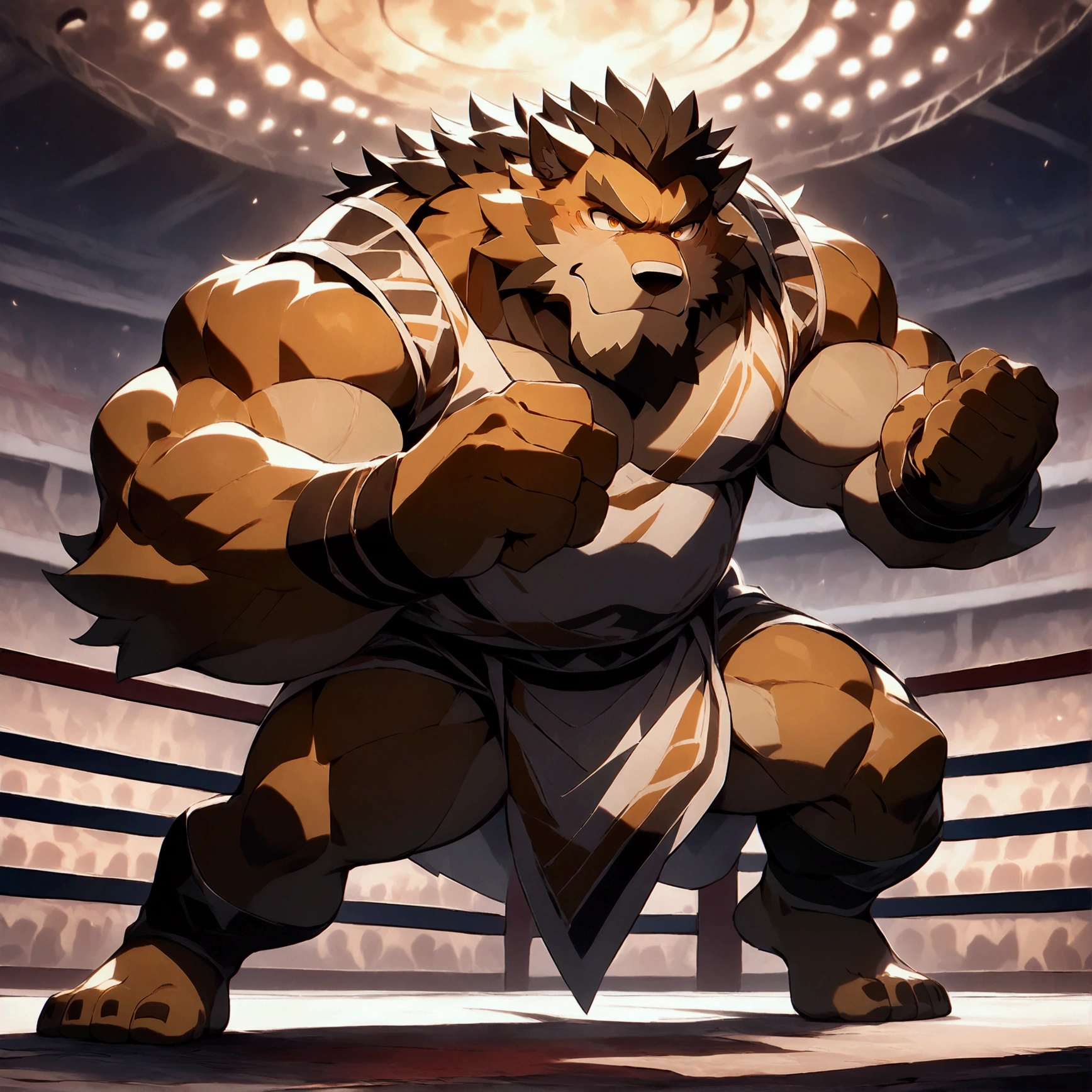 character focus, full body, looking away, dynamic angle, professional wrestler, a musclegut older-aged larger male, full body in Michelangelo Buonarroti style, housamo style, digital illustration anime, niji5, BREAK costume clothes, pants, wrestling, standing, fighting pose, dynamic pose, detailed painting landscape, wrestling stadium, ring, indoor, full color, HDR, BREAK manly, tan skin, messy hair, complete anatomy, perfect proportions, beautiful thigh gap, BREAK detailed boots, beautiful foot, detailed hands, 5fingers, 5fingers nails, BREAK intense face, anime face, insanity detailed face, male face, big face, strong jawline, anime eyes, detailed brown eyes, detailed brown cornea, detailed dark brown irises, detailed pupils, male eyes, male eyebrows, beautiful beard, BREAK masterpiece, official art, best quality, very aesthetic, absurdres, super fine illustration, great quality, BREAK noise reduction, very highres, large filesize, high quality, 32K, 8k wallpaper, dynamic lighting, BREAK insanity detailed, ultra detailed, intricate details, extremely detailed, detailed texture, an extremely delicate and beautiful, BREAK harmonious body, pastoral face, virtuous eyes, epic atmosphere