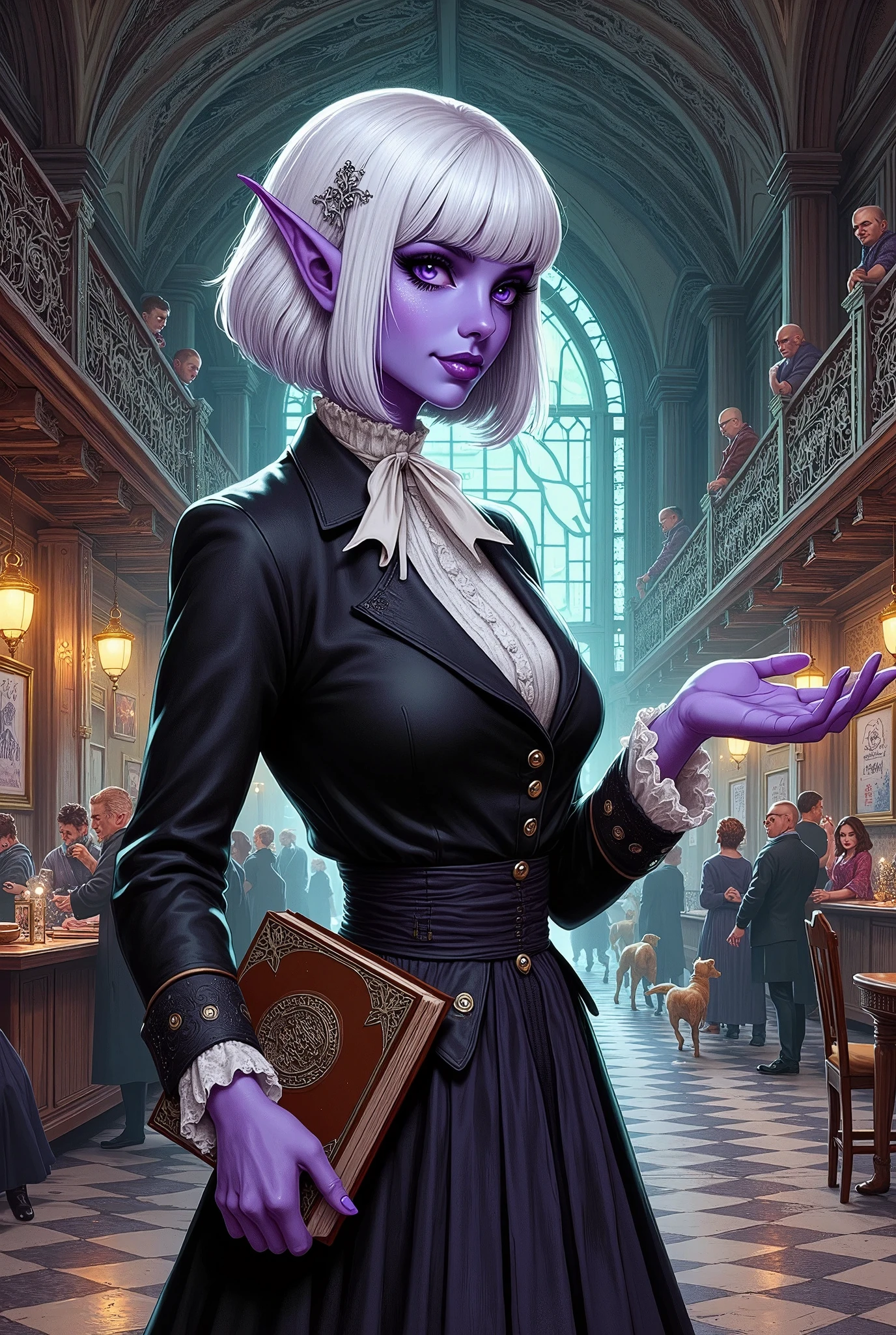 (Ultra-detailed face, Looking away, Fantasy Illustration with Gothic, Dark tone colors.), BREAK (The dark elf woman station attendant guides us through the labyrinthine station with an affable smile, bold pose and large gesture, pointing out directions with the palm of her hand in what looks like a large, traditional and quaint 18th century English train station building. The station's interior is a labyrinth or maze of stairs, floors, walls, and ceilings, intricately lined. The furnishings are as elegant as those of an English royal family, with ornate chandeliers, carpets, tables, chairs, curtains, wall paintings, and sculptures. ((Numerous portals to other dimensions appear, with light swirling around them instead of doors. This is a junction to another dimension.))), BREAK (A female dark elf station attendant wears a silver hair ornament and a white ribbon tie. She is wearing a blouse, jacket and skirt in the style of a traditional English station attendant. She wears simple pumps with silver ornaments. On her waist she wears a large, old-fashioned silver pocket watch, and in her hand she carries a thick, old leather-bound timetable book.), BREAK (A dark elf woman stationer of a young age with pure white hair and eyebrows, blunt bangs, a curly bob hairdo, small pink lips, dark purple skin, lavender eyes, and thick, dark eyeliner around her eyes.), BREAK (This is an old-fashioned station in the gothic, 18th century English style. People dressed in 18th-century English costumes walk through the station, stopping, sitting on chairs and chatting with each other. ren and dogs are running.)