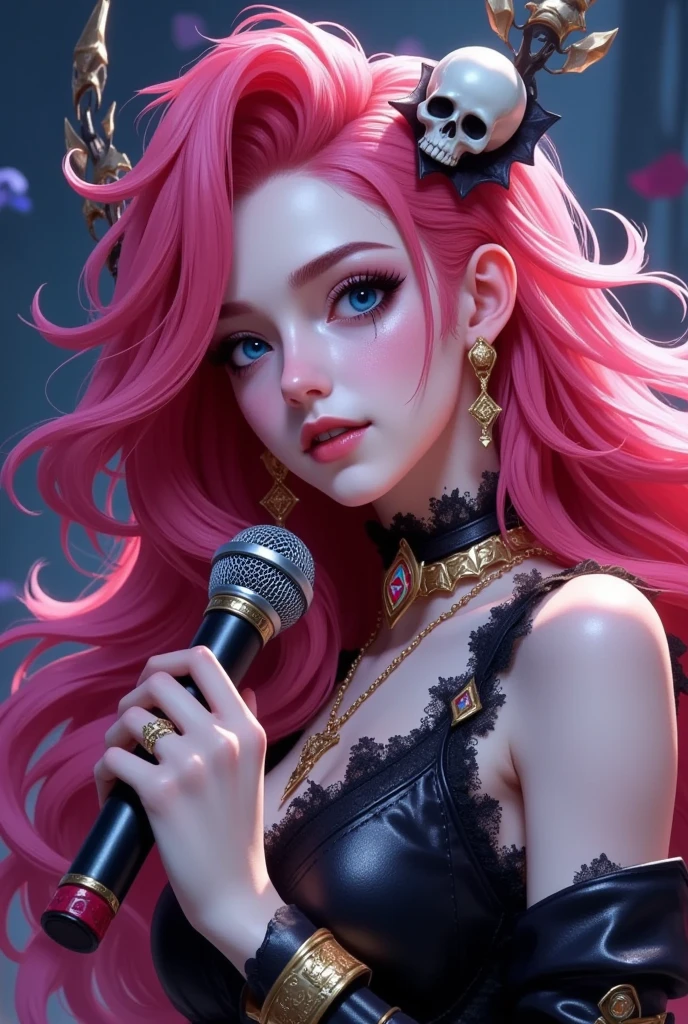 (best quality,4k,8k,highres,masterpiece:1.2),ultra-detailed,(realistic,photorealistic,photo-realistic:1.37),a beautiful female mage from league of legends with piercing blue eyes, thick voluminous red hair, a small skull headdress, professional costume design, video game character skin design, perfect body, holding a microphone, gothic art, gothic dress, black fluffy tulle, black lace, death inspired fashion and makeup, black, red, gold