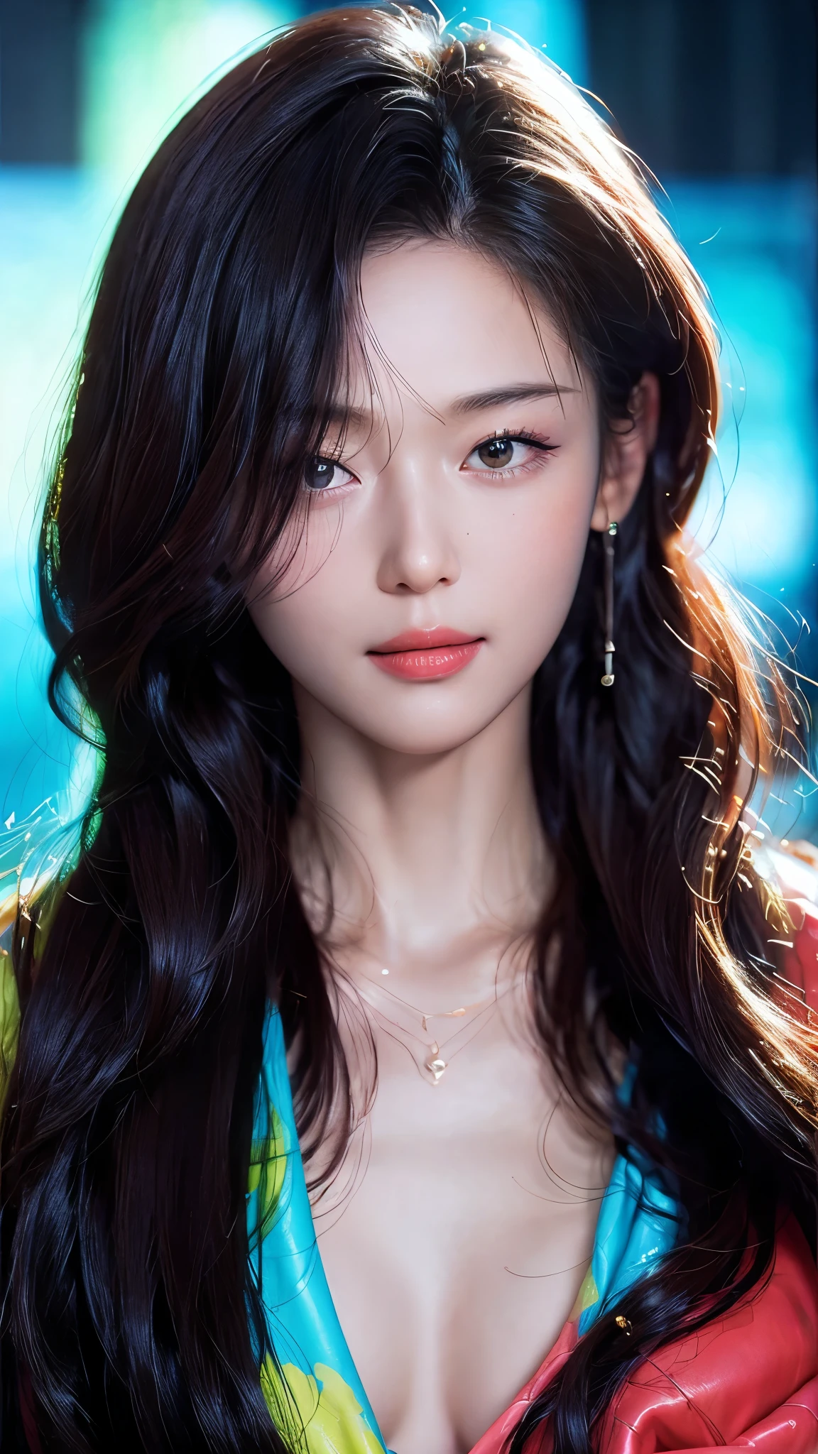 Glow in the dark, Paint splashing, Captivating psychedelic surreal neon amazing universe beautiful gorgeous wo bright colorful neon light, Mark Reiden、daniel merriam, Bright neon colors in the style of Frank Frazetta and Boris Vallejo, fashion clothes, Sandals, super realism, trippy, ornate, beautiful, fine Detail, intricated detail, Hyper detailed, oil painting, intricate colors, portrait, smile, cute,