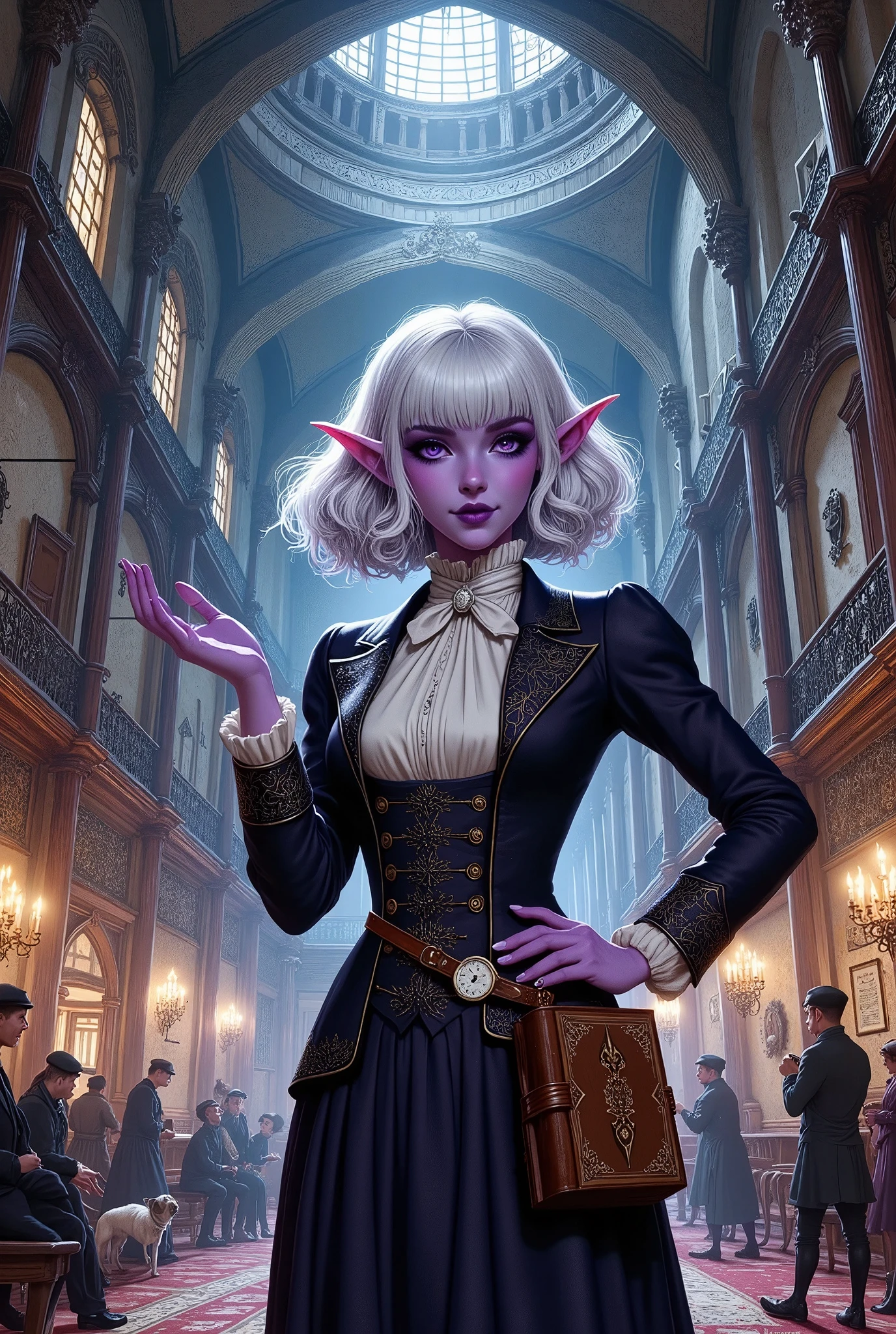 (Ultra-detailed face, Looking away, Fantasy Illustration with Gothic, Dark tone colors.), BREAK (The dark elf woman station attendant guides us through the labyrinthine station with an affable smile, bold pose and large gesture, pointing out directions with the palm of her hand in what looks like a large, traditional and quaint 18th century English train station building. The station's interior is a labyrinth or maze of stairs, floors, walls, and ceilings, intricately lined. The furnishings are as elegant as those of an English royal family, with ornate chandeliers, carpets, tables, chairs, curtains, wall paintings, and sculptures. ((Numerous portals to other dimensions appear, with light swirling around them instead of doors. This is a junction to another dimension.))), BREAK (A female dark elf station attendant wears a silver hair ornament and a white ribbon tie. She is wearing a blouse, jacket and skirt in the style of a traditional English station attendant. She wears simple pumps with silver ornaments. On her waist she wears a large, old-fashioned silver pocket watch, and in her hand she carries a thick, old leather-bound timetable book.), BREAK (A dark elf woman stationer of a young age with pure white hair and eyebrows, blunt bangs, a curly bob hairdo, small pink lips, dark purple skin, lavender eyes, and thick, dark eyeliner around her eyes.), BREAK (This is an old-fashioned station in the gothic, 18th century English style. People dressed in 18th-century English costumes walk through the station, stopping, sitting on chairs and chatting with each other. ren and dogs are running.)