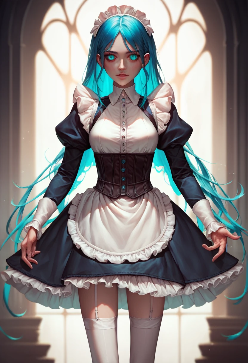 masterpiece,  best quality, One,  1girl,  detailed eyes , detailed hands,  Detailed lighting ,  high resolution ,
 aquamarine eyes,
sornella , ( frill center :1.5), buttons, white stockings, puffy sleeves, a corset, maid headdress, lace dress,