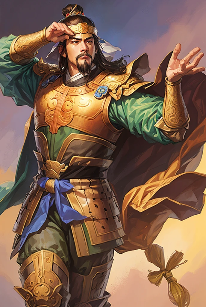 masterpiece, best quality, romance of the three kingdoms, realistic, game cg, watercolor \(medium\), 1boy, goatee, simple background, noble_clothes, armor, Oriental, detailed hair, detailed brown eyes, detailed clothes, armor, full body, short hair, jiang wei