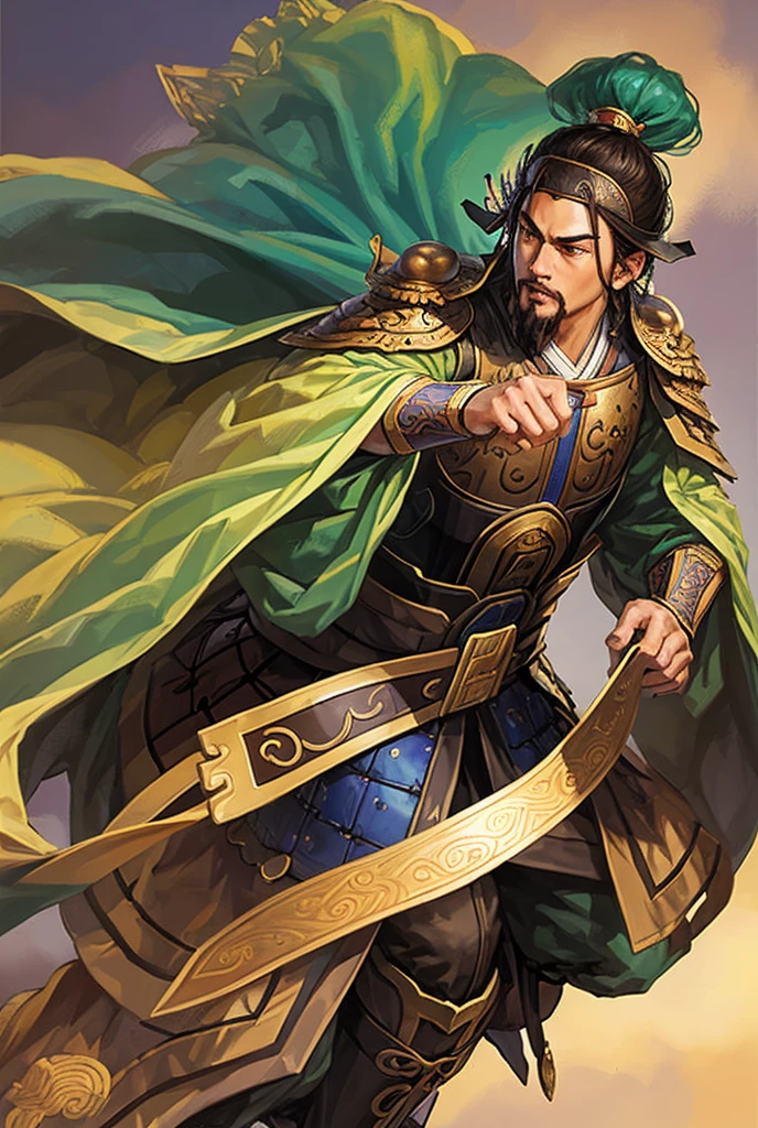 masterpiece, best quality, romance of the three kingdoms, realistic, game cg, watercolor \(medium\), 1boy, goatee, simple background, noble_clothes, armor, Oriental, detailed hair, detailed brown eyes, detailed clothes, armor, full body, short hair, jiang wei