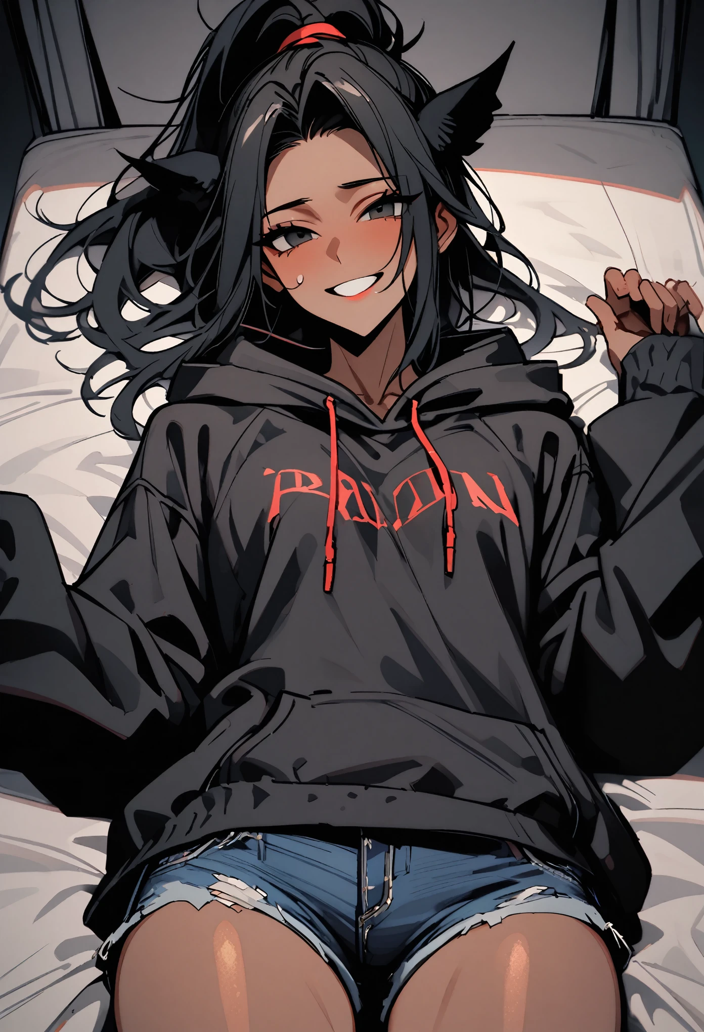 solo, male:1.1, femboy, dark skin, long hair, ponytail, black hair, black eyes, oversized hoodie, denim shorts, close up, shapely thighs, tall, thick thighs:0.3, looking at viewer, broad shoulders, drunk:1.3, drunken smile, pov, lying flat on bed, face up, cowboy shot, black animal ears, inviting, raised shirt, erection under clothes