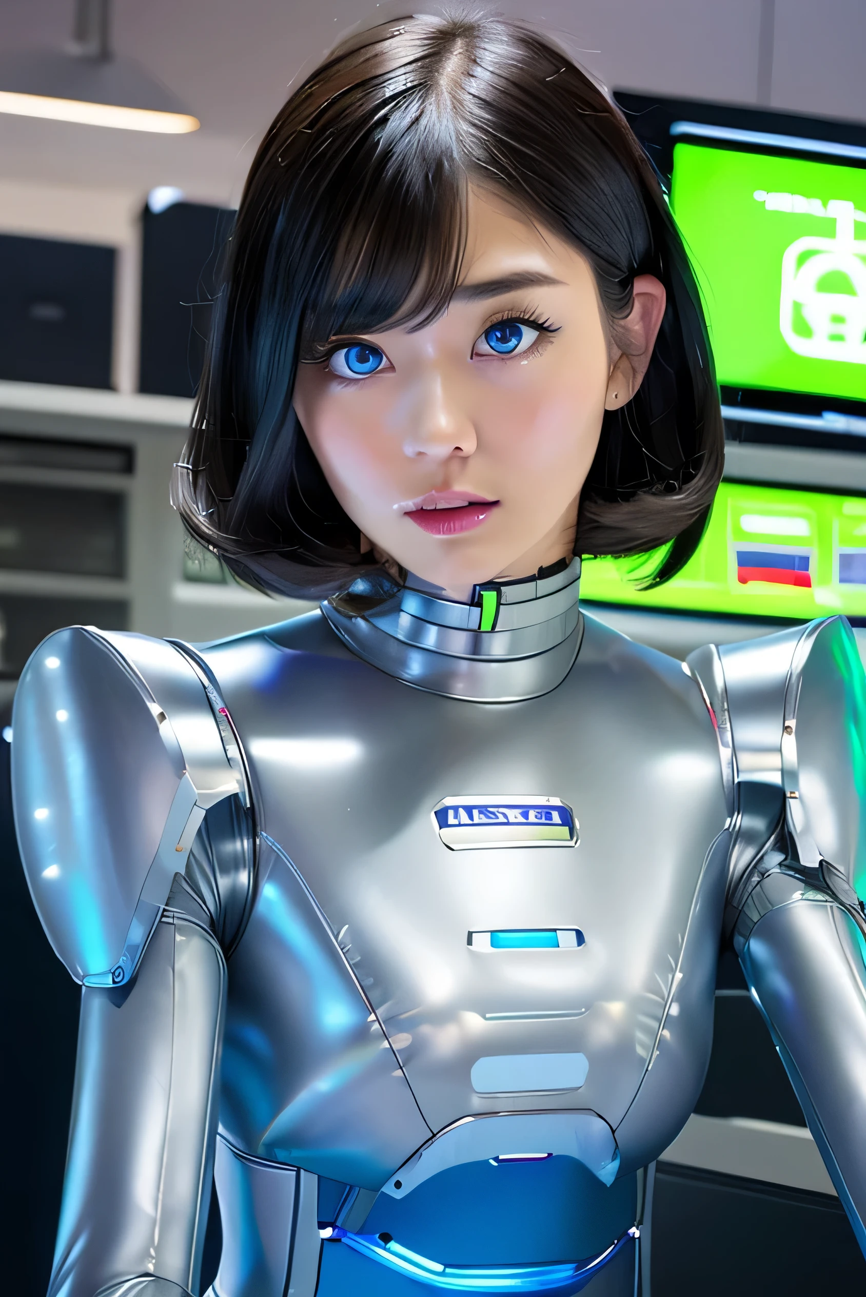 (Highest quality ,High resolution,masterpiece:1.2), Very detailed, Realistic:1.37, (Perfect Anatomy), whole body,1 person ,Cute and perfect 3 Japanese female race queen,(Converted into a cyborg),(Big smile:1.2), Beautiful Eyes, Detailed facial features, (Big smile), Attention to detail in costumes, Great eyes, beautiful lip hair,Clear Short Hair, (The purple high-cut costume changes into a shiny, skin-tight plug suit.:1.3),(Detailed electronic circuits inside the body are visible:1.4),,Bangles, Wires and cables connected to the head, cybernetics, cyber punk, Intricate decorative details,(Natural Makeup) ,(background: Cyborg operating room equipped with advanced digital devices and monitor screens:1.3)..