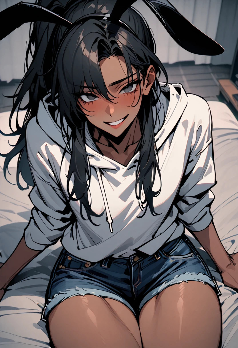 solo, male:1.1, femboy, dark skin, long hair, ponytail, black hair, black eyes, oversized hoodie, denim shorts, close up, shapely thighs, tall, thick thighs:0.3, looking at viewer, broad shoulders, drunk:1.3, drunken smile, pov, on bed, cowboy shot, black rabbit ears, inviting, raised shirt, erection under clothes, presenting ass