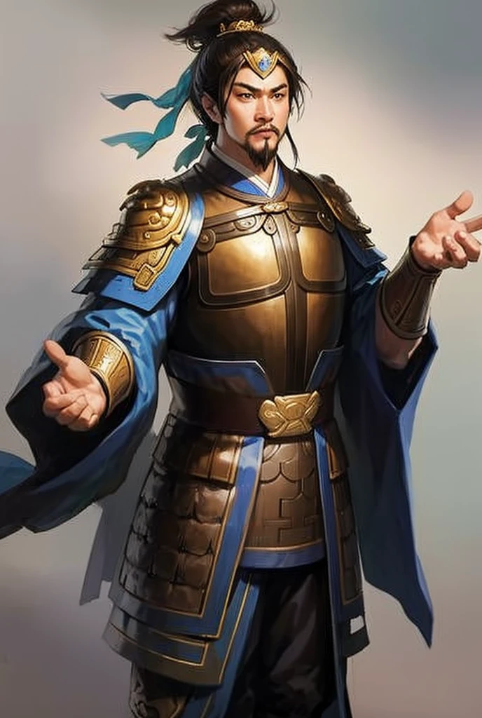 masterpiece, best quality, romance of the three kingdoms, realistic, game cg, watercolor \(medium\), 1boy, goatee, simple background, noble_clothes, armor, Oriental, detailed hair, detailed brown eyes, detailed clothes, armor, full body, short hair, jiang wei