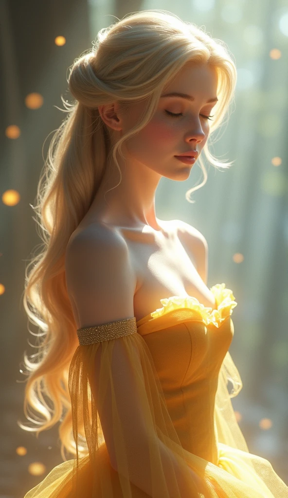 there is a woman with large breasts, sitting in a dress by a window, inspired by Pierre Auguste Cot, bathed in golden light, lovely languid princess, matte painting portrait shot, blonde - haired princess, inspired by Magali Villeneuve, inspired by Alexandre Cabanel, belle, old masters light composition, inspired by Jean-Honoré Fragonard