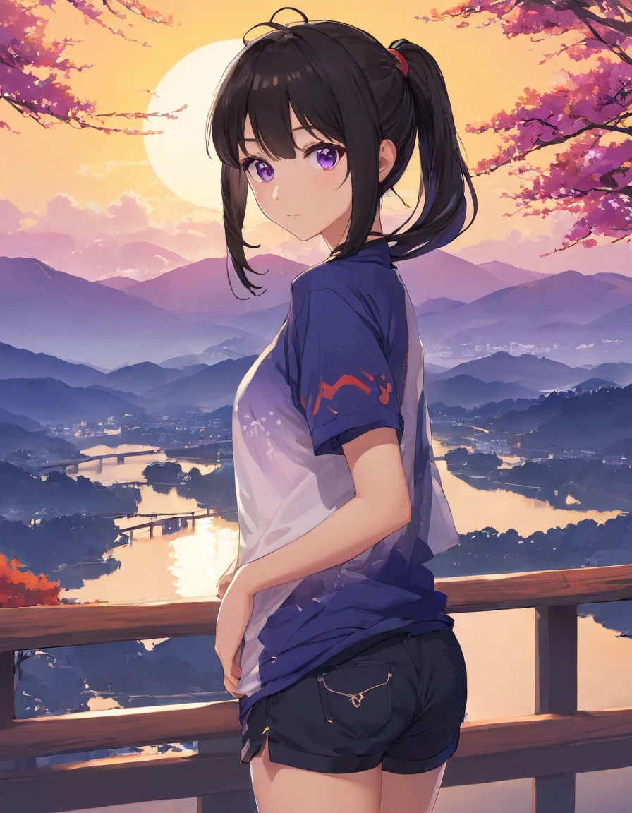 Silhouette of a girl, Lots of Japanese scenery , Modern Japanese Landscape, close, Double Exposure, Gradient Background, (((woman))), ((20 years old)), ((masterpiece)),(best quality),extremely detailed CG,unity 8k wallpaper,ultra detailed,beautiful detailed eyes,extremely detailed face,smile,black hair,sidelocks,blunt bangs,purple eyes,white eyes,no pupils,((joger pants)), (t-shirt), hinata(shippuden), ((hiori kazano)), idolmaster, Detailed eyes, long hair, ponytail, half updo, hair ornament,, (sweet woman), manwha style, cowboy shot, epic realistic