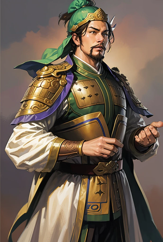 masterpiece, best quality, romance of the three kingdoms, realistic, game cg, watercolor \(medium\), 1boy, goatee, simple background, noble_clothes, armor, Oriental, detailed hair, detailed brown eyes, detailed clothes, armor, full body, short hair, jiang wei