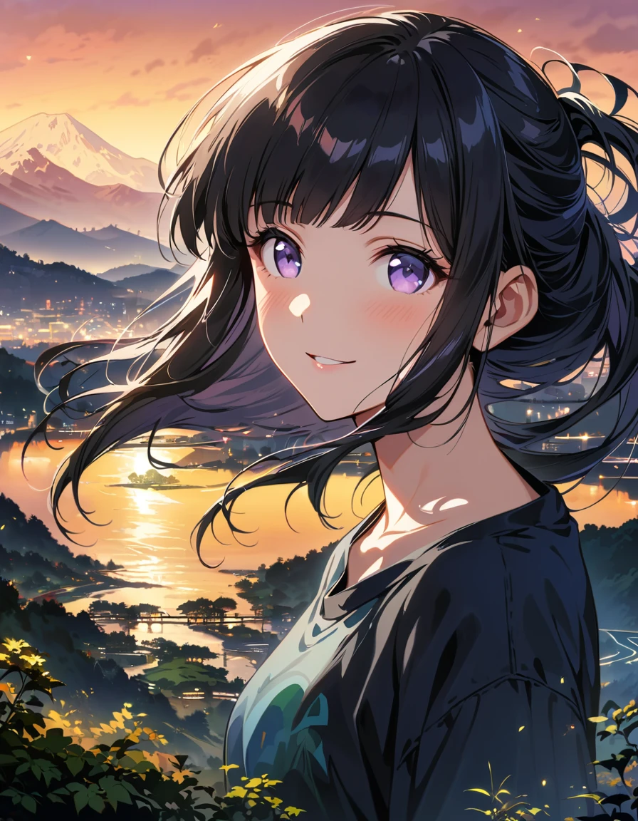 Silhouette of a girl, Lots of Japanese scenery , Modern Japanese Landscape, close, Double Exposure, Gradient Background, (((woman))), ((20 years old)), ((masterpiece)),(best quality),extremely detailed CG,unity 8k wallpaper,ultra detailed,beautiful detailed eyes,extremely detailed face,smile,black hair,sidelocks,blunt bangs,purple eyes,white eyes,no pupils,((joger pants)), (t-shirt), hinata(shippuden), ((hiori kazano)), idolmaster, Detailed eyes, long hair, ponytail, half updo, hair ornament,, (sweet woman), manwha style, cowboy shot, epic realistic