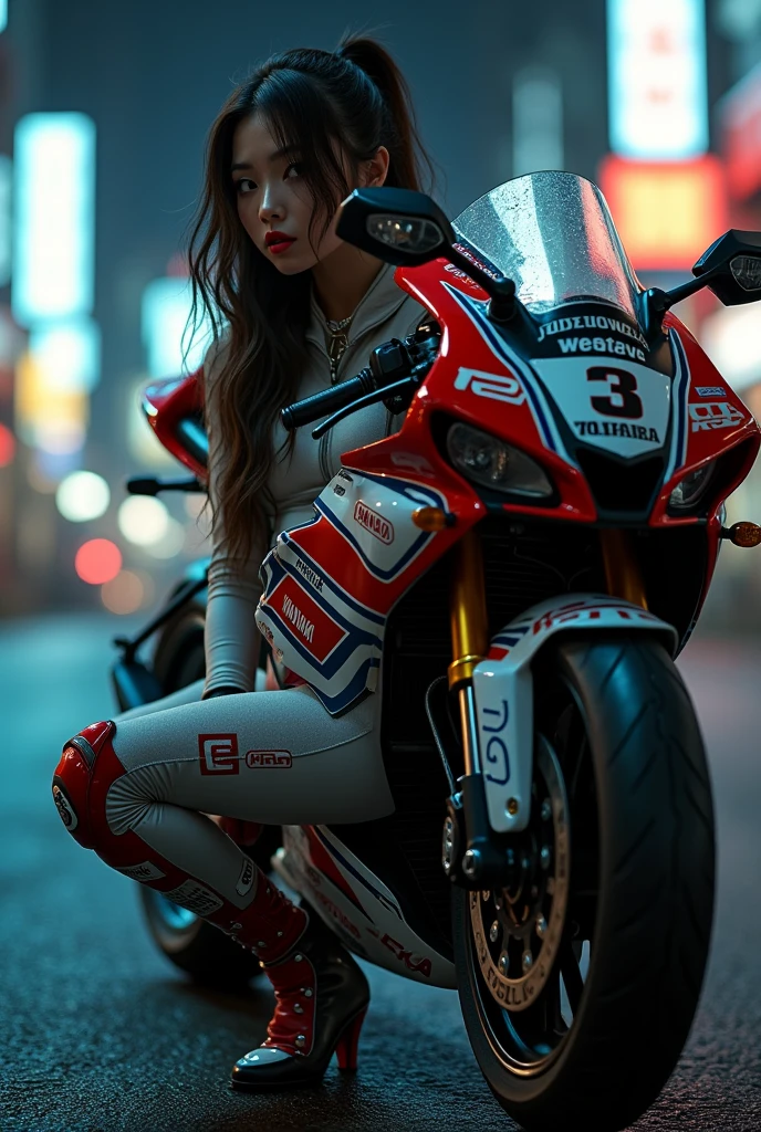 ultrarealistic,  photorealistic , dramatic scene, shadow,  global lighting , (Famous Japanese teen idol :1.5),  very beautiful and fragile Japanese girl ,  very beautiful with a very cute but youthful and cool face ,  wearing a tight motorcycle racing suit that looks like a sailor's uniform  ,  big breasts, bad girl, (,  is squatting on the side of the YAMAHA YZF-R1 racing bike printed in anime on downtown street at night), 