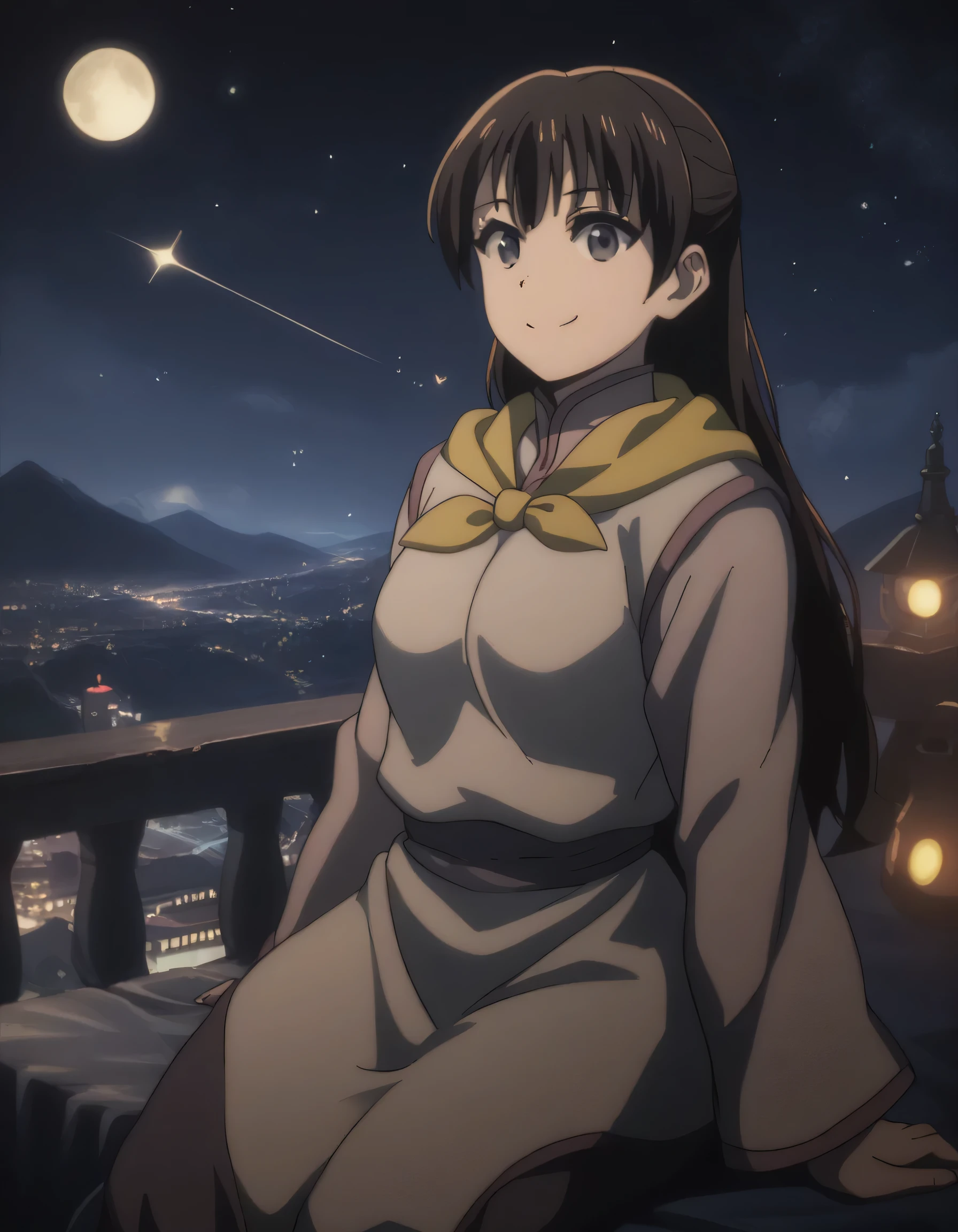 score_9, score_8_up, score_7_up, (gsfghtr), multicolored robe, neckerchief, 1girl, bright, best lighting, smile, on top of mountain, city lights at night, moon, shooting stars