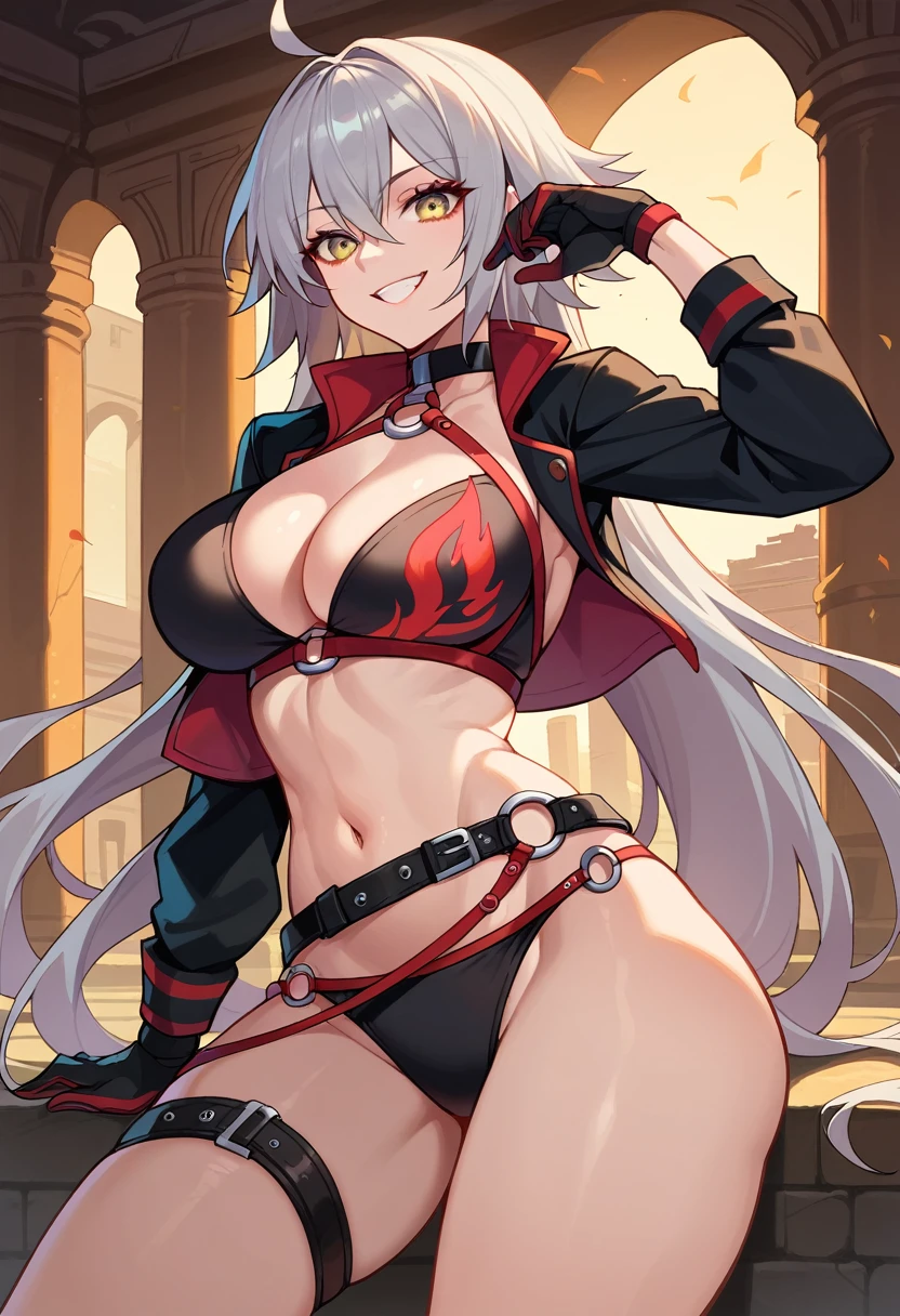 1girl, 18 year old female, Okita Souji Alter, Fate Grand/Order, anime style, ultra realistic, high detail, sexy pose, sexy, beautiful, exposed skin, slender, skinny, exposed breast, breast, nipples, nude, nudity, absurdres, high res, ultrasharp, 8K, UHD, retina, masterpiece, accurate, anatomically correct, perfect anatomy, textured skin, super detail, high details, high quality, award winning, best quality, high res, looking at viewer, detailed eyes, four fingers and one thumb per hand, perfect hands, perfect finger, two arms only, no clothes, revealing, white hair, yellow eyes, dark skin, tanned skin