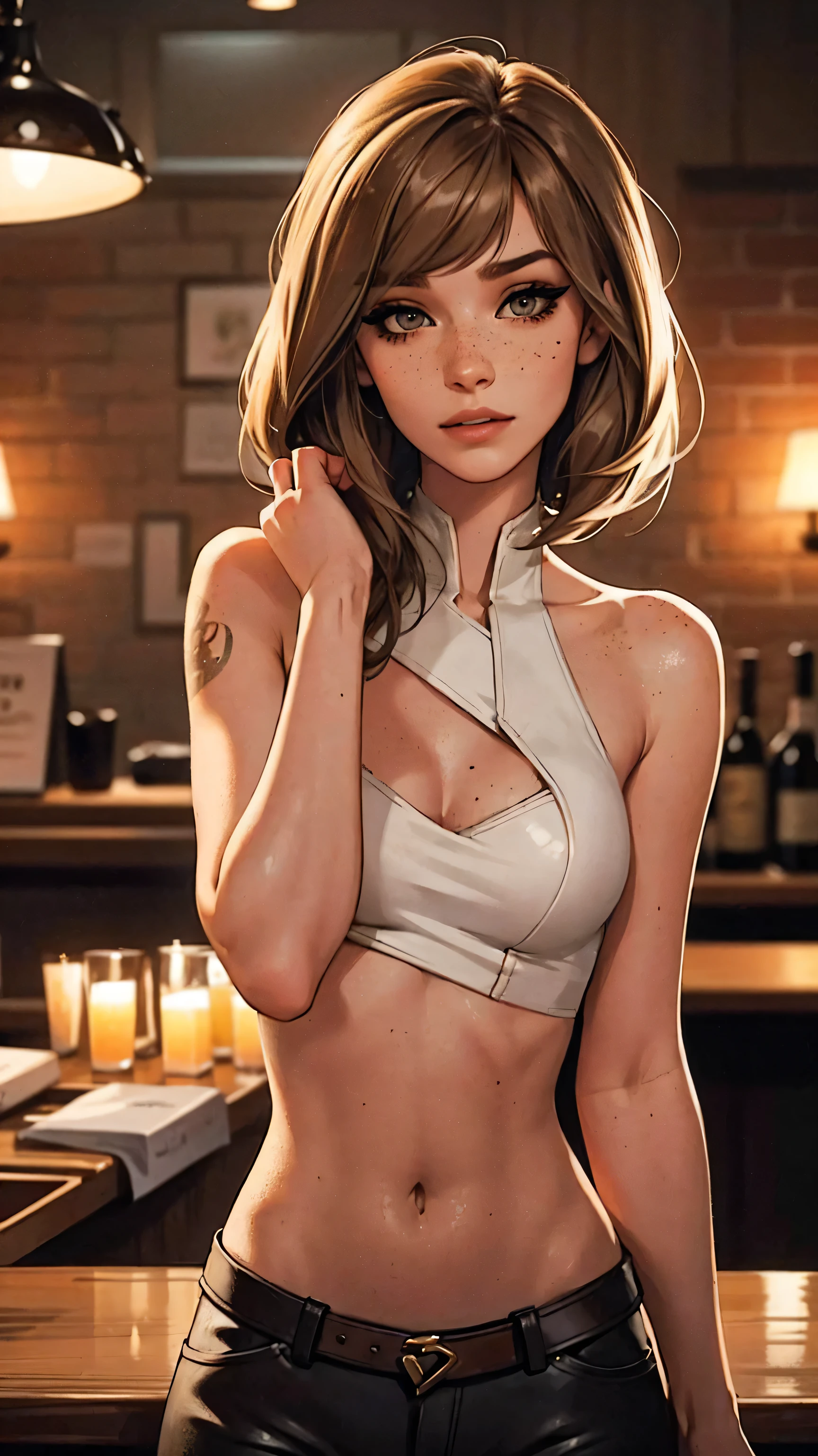 （lifelike， high - resolution：1.3）， 1 girl with a perfect body，slender body, Suprenme face and eyes， blaire ivory, lena anderson, (dark eyelashes, eyeliner), shoulder length  hair, freckles, golden brown  hair with dark roots, shoulder length hair, skinny, petite, saloon girl, saloon bartender, long torso, abdomen, sks woman
