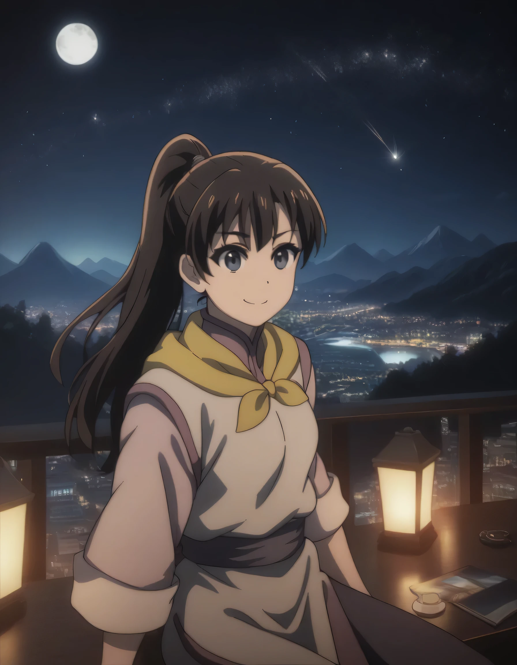 score_9, score_8_up, score_7_up, (gsfghtr), multicolored robe, neckerchief, 1girl, bright, best lighting, smile, on top of mountain, city lights at night, moon, shooting stars