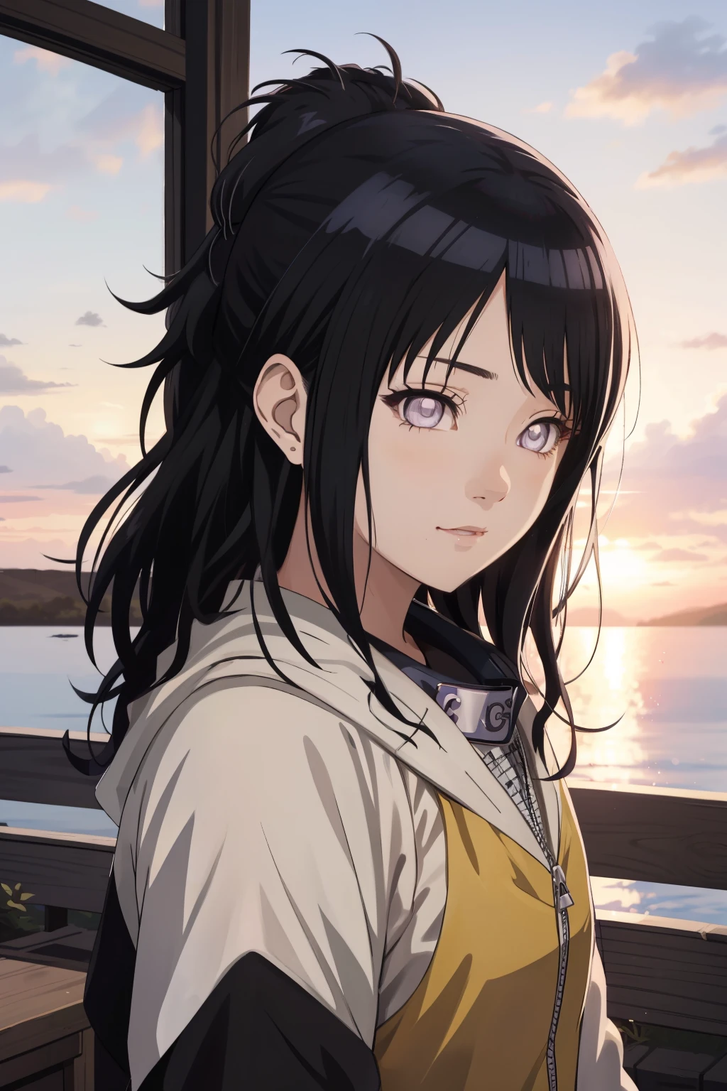 an hiperealistic shot of hinata(shippuden), ((hiori kazano)), idolmaster, Detailed eyes,  long hair, ponytail, half updo, hair ornament,, (sweet woman), manwha style, ((happy)), ((sweet)), ((delicated)), sunset