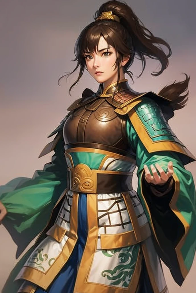 masterpiece, best quality, romance of the three kingdoms, realistic, game cg, watercolor \(medium\), 1girl, simple background, noble_clothes, Oriental, detailed hair, detailed brown eyes, detailed clothes, armor, full body, short hair, jiang wei