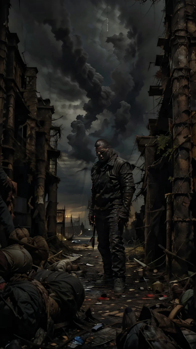  young man with short black hair stands in the middle of an empty road. He is in a combat-ready stance, holding an axe. He is wearing a black leather jacket, jeans, and gray sneakers. He faces away from us. The sky above is dark and stormy, suggesting that a storm is imminent. In the distance, a large group of zombie-like silhouettes is approaching. Red liquid is dripping from the axe. Abandoned cars are scattered along the roadside.