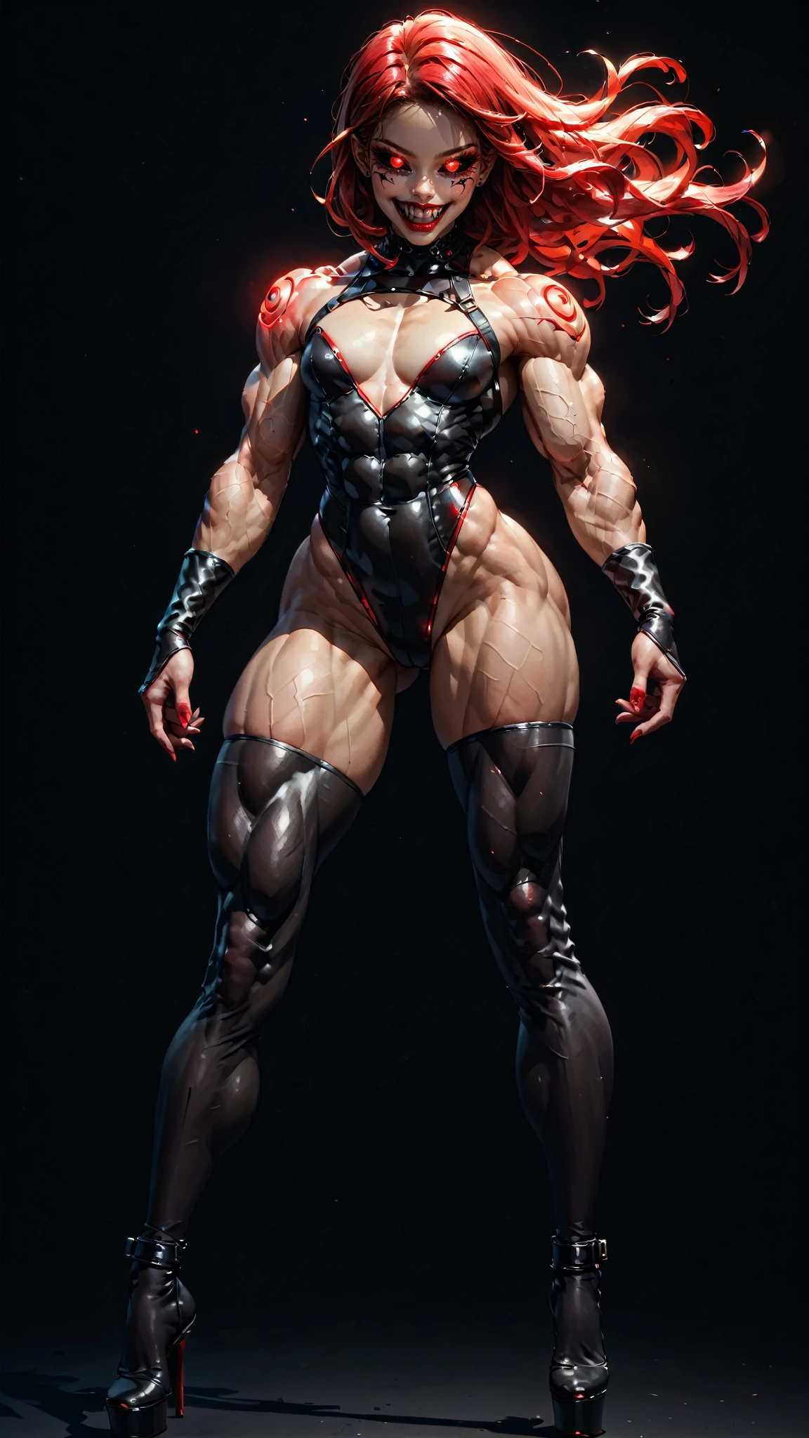 score_9, score_8_up,  score_7_up, painting of a young vampire girl with gaping mouth and very sharp menacing teeth, (bodybuilder physique:1.65), seductive face, seductive look, (long red hair:1.25), perfect muscular body, long thin legs, (leather leotard, thigh highs & high heels), small breasts, (huge muscular shoulders:1.45), (full body shot), (blank background:1.25), (red glowing eyes:1.5), (black sclera:1.5), (beautiful face:1.5), swirling ink, vibrant colors, hires fix, extremely detailed, high quality image