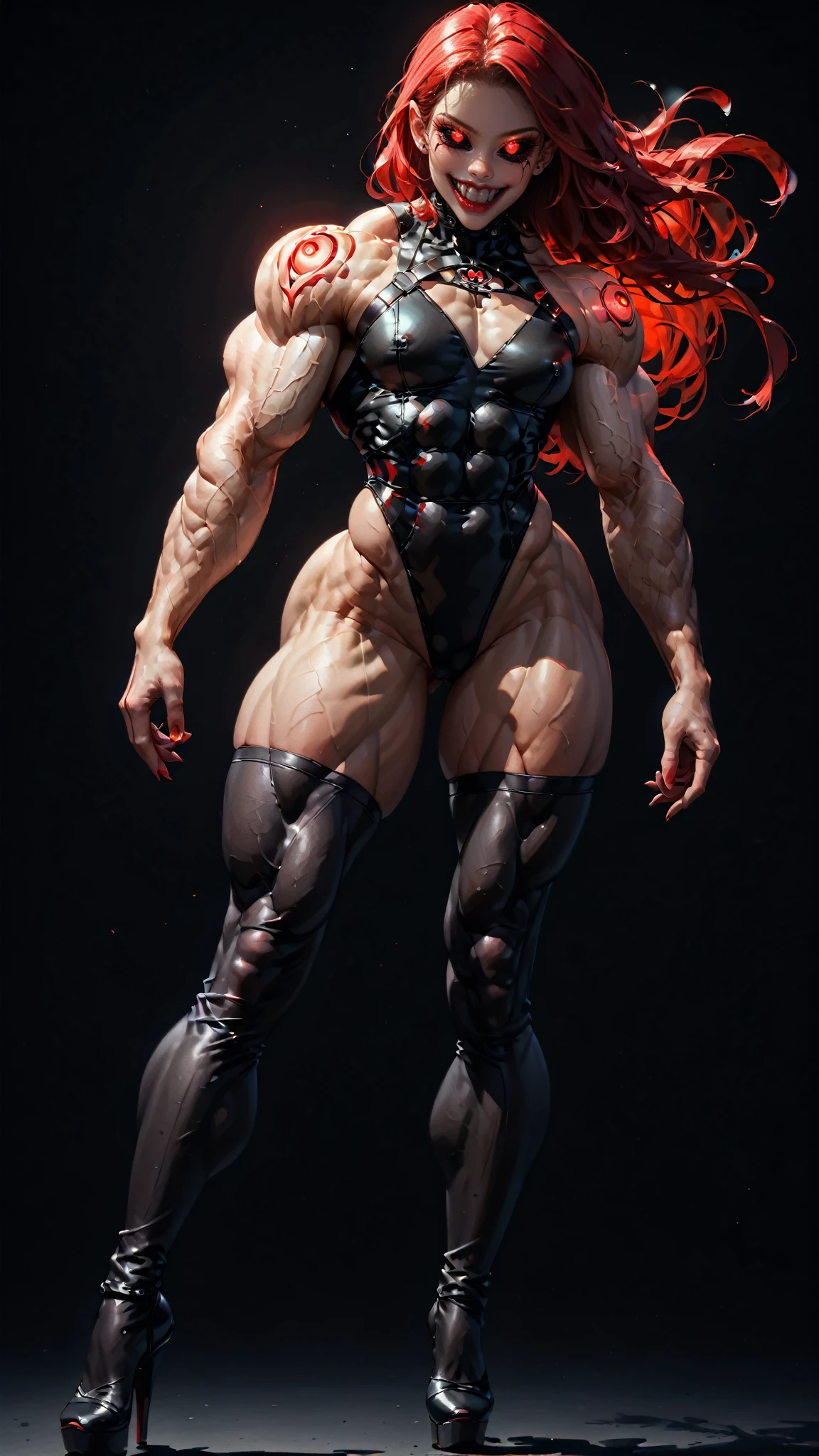 score_9, score_8_up,  score_7_up, painting of a young vampire girl with gaping mouth and very sharp menacing teeth, (bodybuilder physique:1.65), seductive face, seductive look, (long red hair:1.25), perfect muscular body, long thin legs, (leather leotard, thigh highs & high heels), small breasts, (huge muscular shoulders:1.45), (full body shot), (blank background:1.25), (red glowing eyes:1.5), (black sclera:1.5), (beautiful face:1.5), swirling ink, vibrant colors, hires fix, extremely detailed, high quality image