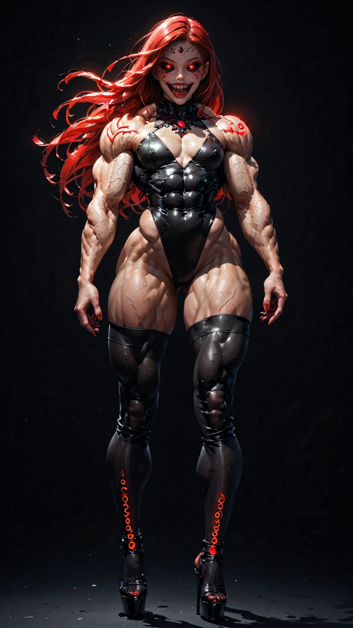 score_9, score_8_up,  score_7_up, painting of a young vampire girl with gaping mouth and very sharp menacing teeth, (bodybuilder physique:1.65), seductive face, seductive look, (long red hair:1.25), perfect muscular body, long thin legs, (leather leotard, thigh highs & high heels), small breasts, (huge muscular shoulders:1.45), (full body shot), (blank background:1.25), (red glowing eyes:1.5), (black sclera:1.5), (beautiful face:1.5), swirling ink, vibrant colors, hires fix, extremely detailed, high quality image