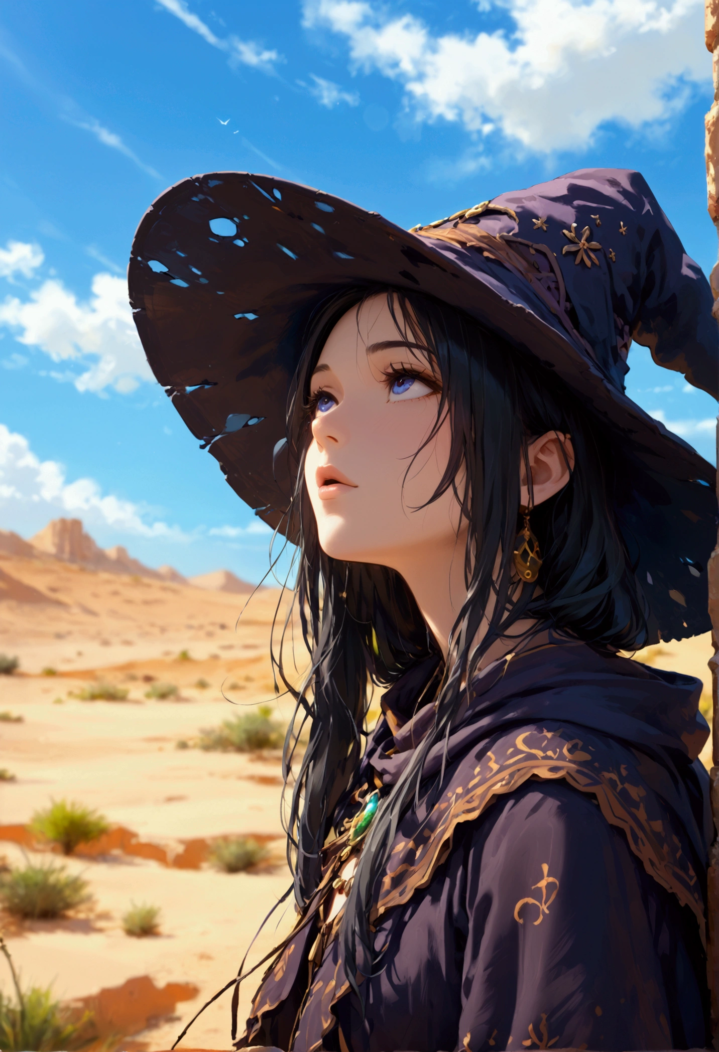 illustration,distant view,a desert witch,looking up at the sky,the harsh sunlight