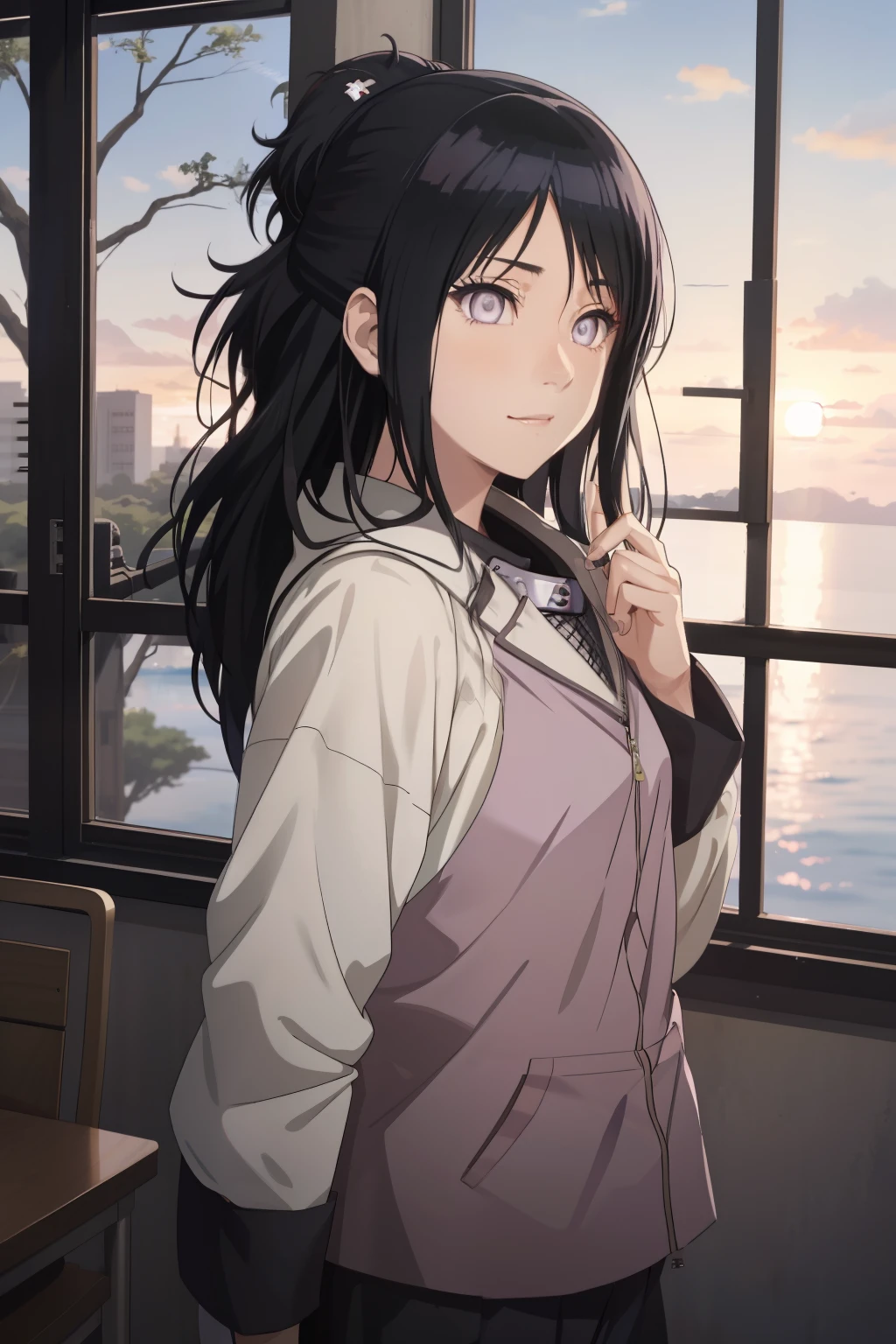 an hiperealistic shot of hinata(shippuden), ((hiori kazano)), idolmaster, Detailed eyes,  long hair, ponytail, half updo, hair ornament,, (sweet woman), manwha style, ((happy)), ((sweet)), ((delicated)), sunset