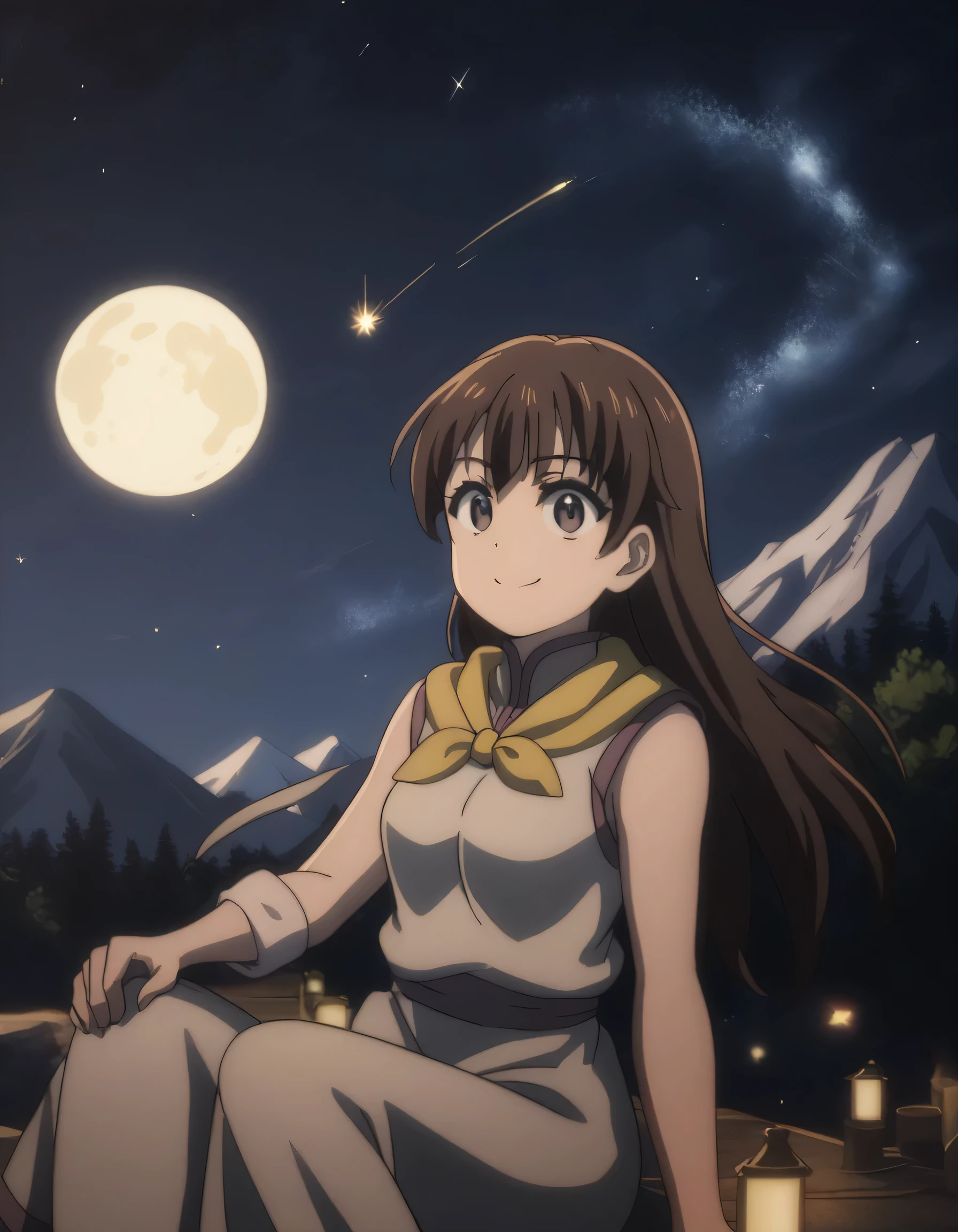 score_9, score_8_up, score_7_up, (gsfghtr), (long straight hair), brown hair, multicolored robe, neckerchief, 1girl, bright, best lighting, smile, on top of mountain, city lights at night, moon, shooting stars, sleeveless