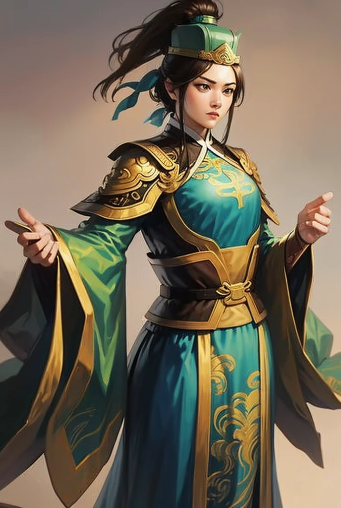 masterpiece, best quality, romance of the three kingdoms, realistic, game cg, watercolor \(medium\), 1girl, simple background, noble_clothes, Oriental, detailed hair, detailed brown eyes, detailed clothes, armor, full body, short hair, jiang wei