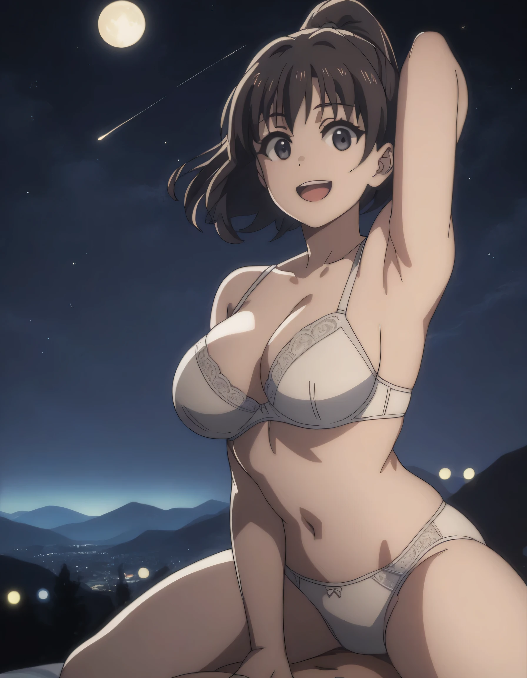 score_9, score_8_up, score_7_up, (gsfghtr), white bra, white panties, 1girl, bright, best lighting, smile, open mouth, on top of mountain, city lights at night, moon, shooting stars, armpit