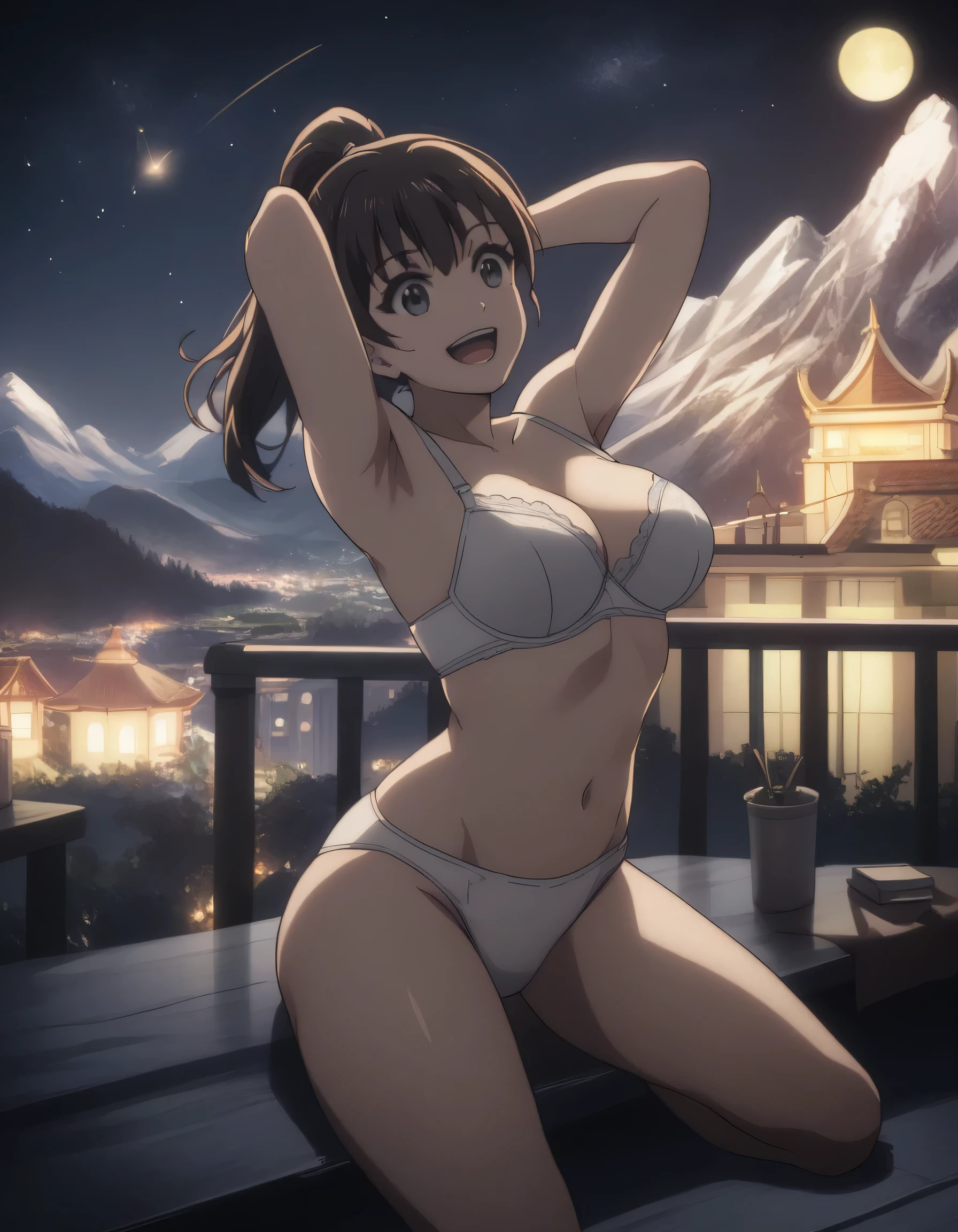 score_9, score_8_up, score_7_up, (gsfghtr), white bra, white panties, 1girl, bright, best lighting, smile, open mouth, on top of mountain, city lights at night, moon, shooting stars, armpit