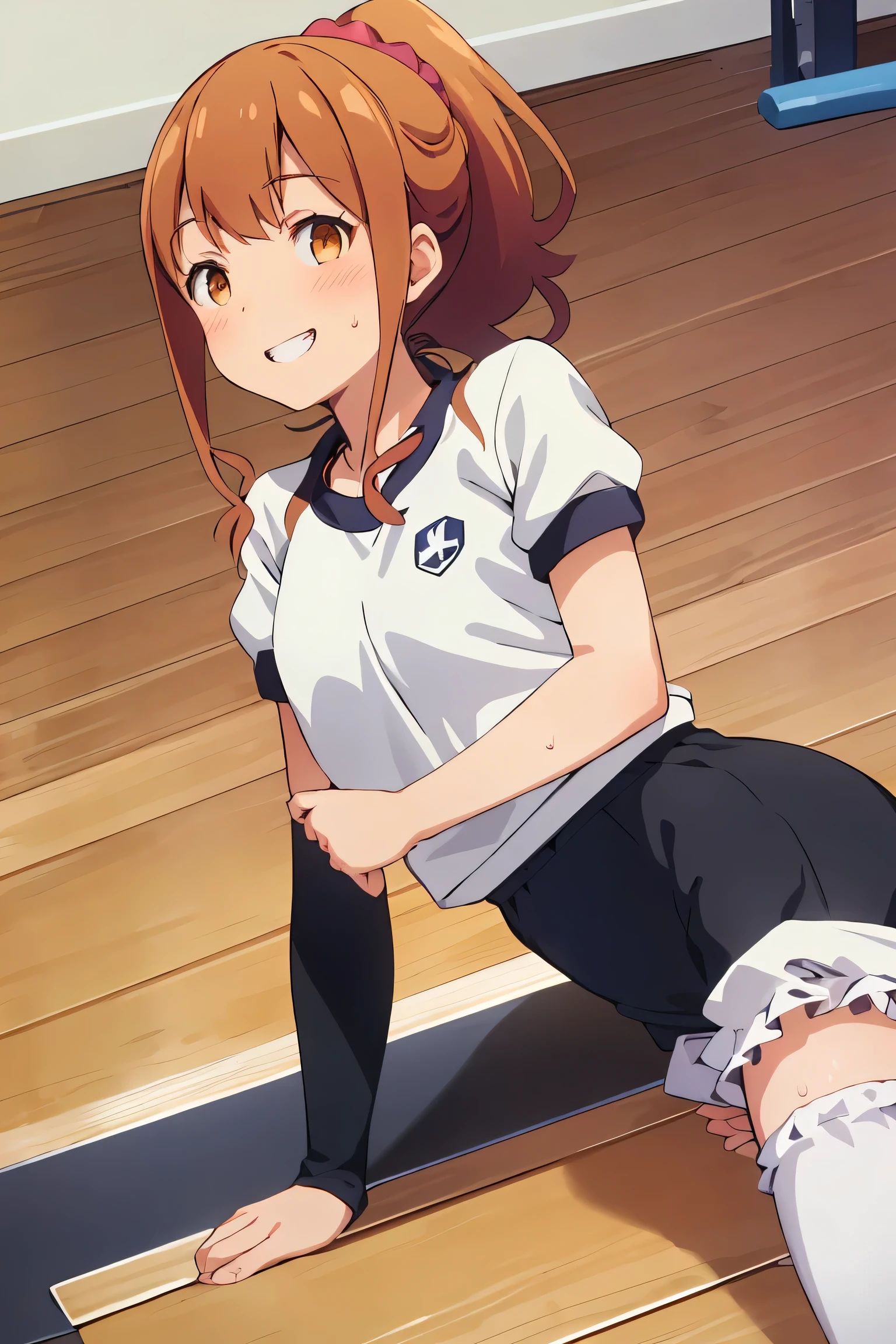 Highest quality, (masterpiece:1.2), Very detailed, Megumi Kamino, 1 girl, Looking at the audience, smile, teeth, Brown Hair, ponytail, Brown eyes, Scrunchie, Heart Necklace,Long white socks, ,(((Black Bloomers, School, Gym Shirt, White T-shirt, Gym suit, Photo of girl in wooden floor School gym room))),Bloomers are bikini type ,Dynamic Angle ,Sweat,Lie in