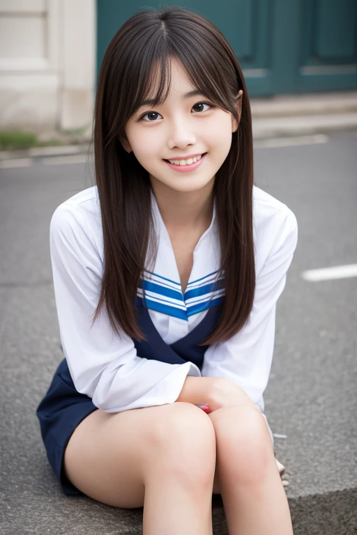 Pure Japanese school girl, natural body, wearing uniforms, natural ponytail, no makeup, impressive big brown eyes, pure smile, feeling soft breeze in hair, sitting, little bit sexy feeling, sweet temptation, professional portrait photography, dazzling summer sunlight, 