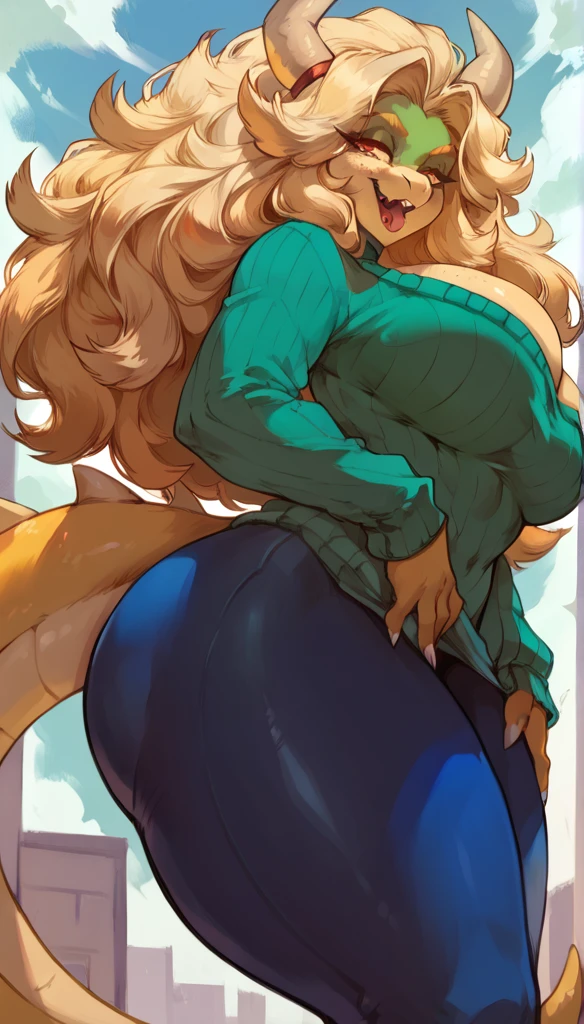 (solo)female anthro Bowser ,Black long fluffy hair, fluffy hair, dragon horns, female dragon (big breasts:1.9), attractive, green sweater, blue leggings , thicc body, thicc body, thicc, freckles, freckles on face, (happy expression, open mouth and tongue out viseble saliva), smug eyes, she is  standing  (thick thighs:1.5)  ((back view)) (hands on her ass cheeks) (low angle view)