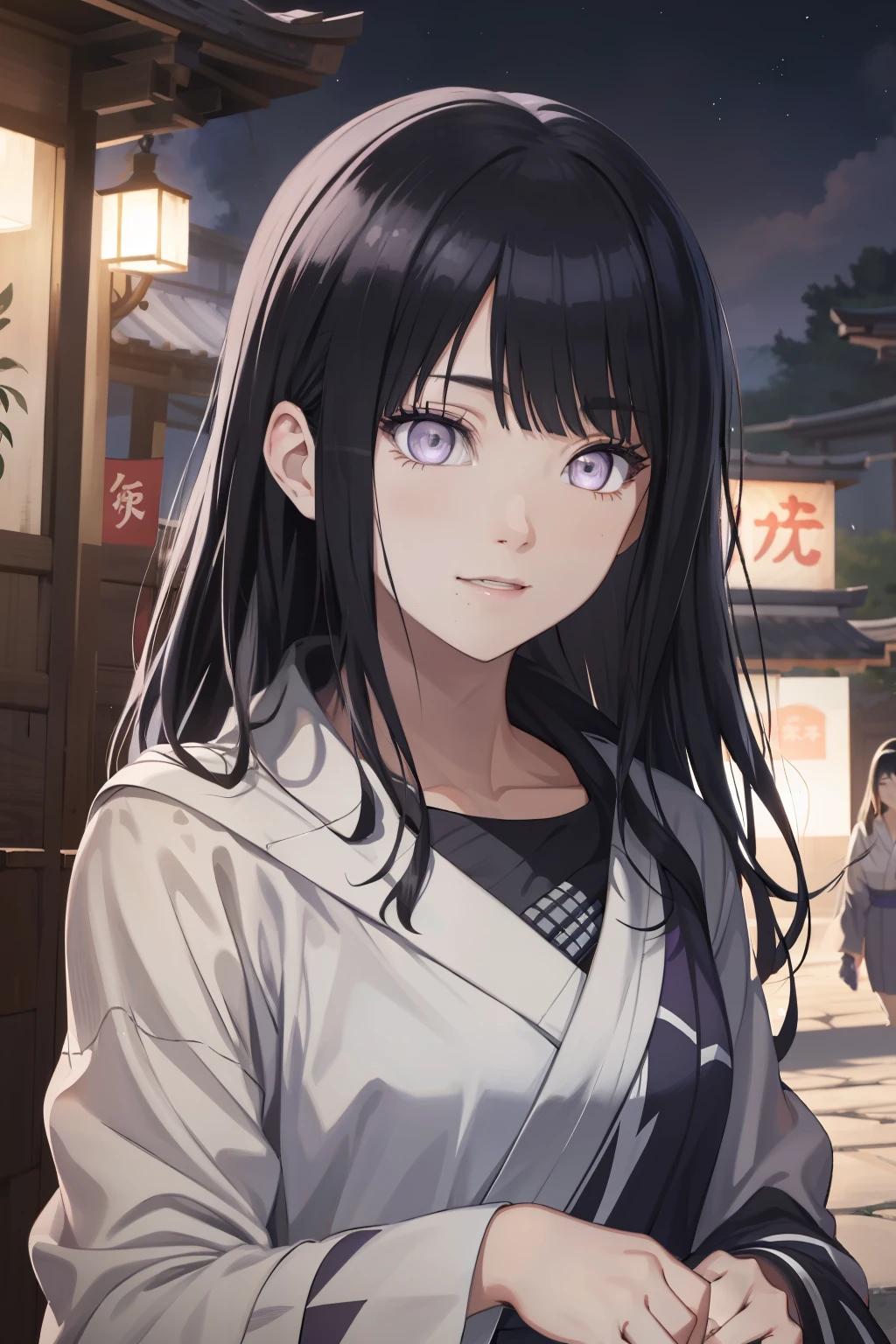 (((woman))), ((20 years old)), ((masterpiece)),(best quality),extremely detailed CG,unity 8k wallpaper,ultra detailed,beautiful detailed eyes,extremely detailed face, ((vestindo um yukata, festival de inverno, muitas luzes)), 1girl,solo,upper body,(portrait:1.5),looking at viewer,facing viewer,anime coloring,smile,black hair,sidelocks,blunt bangs,purple eyes,white eyes,no pupils,hinata(shippuden), ((hiori kazano)), idolmaster, ((long hair)), (sweet woman), manwha style, cowboy shot, looking backwards,