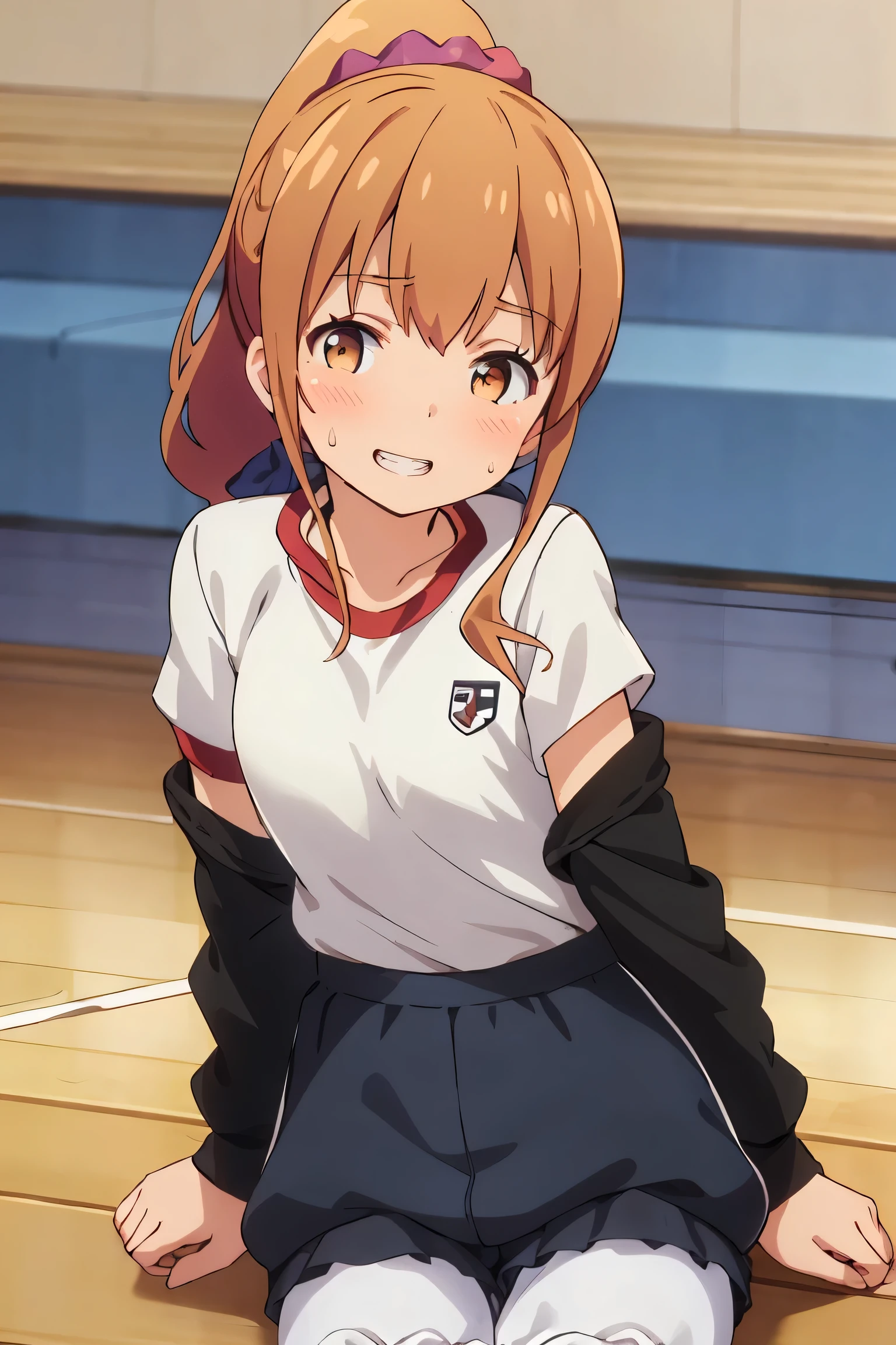 Highest quality, (masterpiece:1.2), Very detailed, Megumi Kamino, 1 girl, Looking at the audience, smile, teeth, Brown Hair, ponytail, Brown eyes, Scrunchie, Heart Necklace,Long white socks, ,(((Black Bloomers, School, Gym Shirt, White T-shirt, Gym suit, Photo of girl in wooden floor School gym room))),Bloomers are bikini type ,Dynamic Angle ,Sweat,Lie in