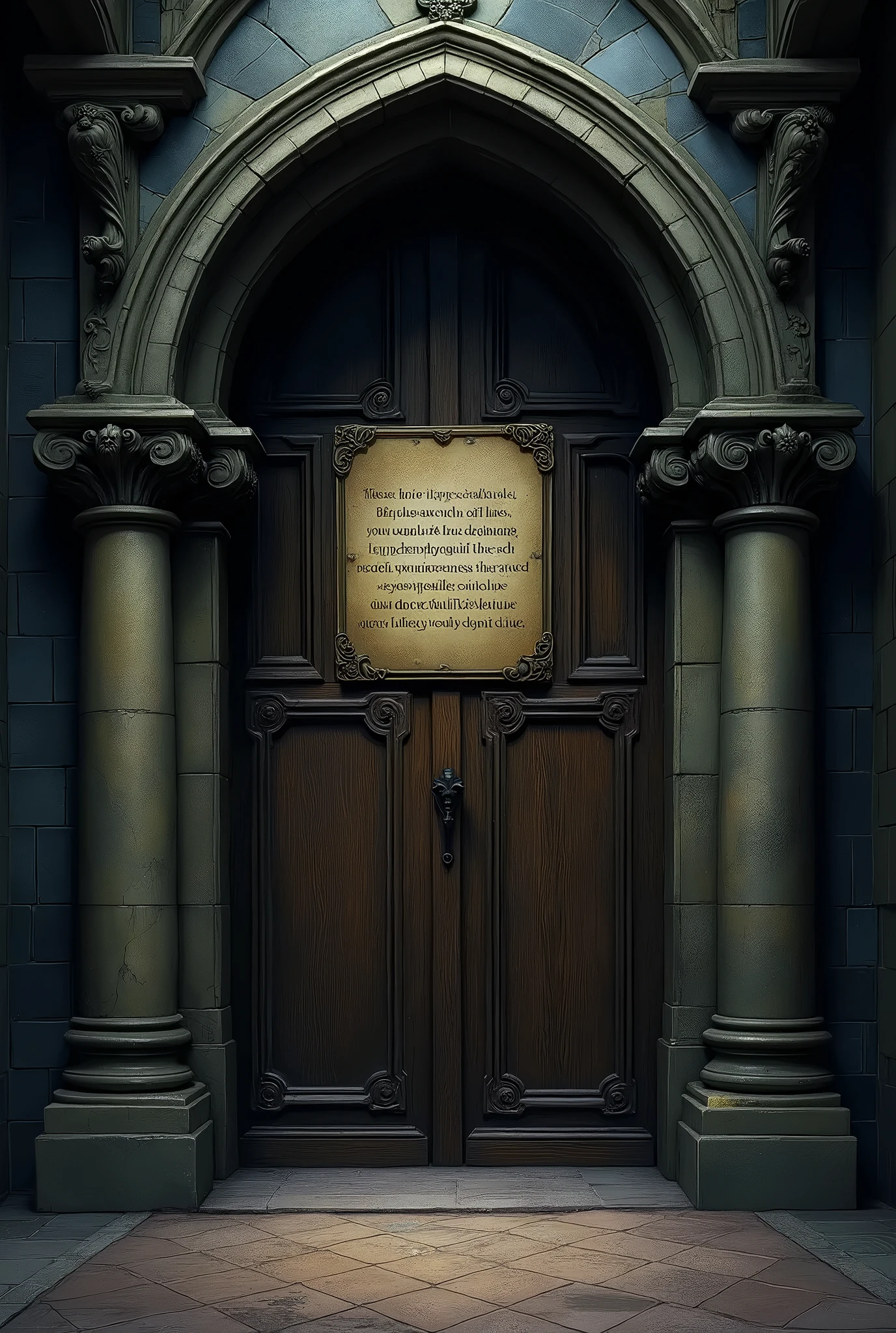 (Ultra-detailed, Fantasy Illustration with Gothic, Dark tone colors.), BREAK (A massive, old-fashioned wooden door in the 18th century English Gothic style. Old-fashioned tiled walls. A large plaque mounted in the center of the door with the following words: “We will take you to a time, place, and another dimension of your choice. Attention: Have you forgotten anything in this world?”)