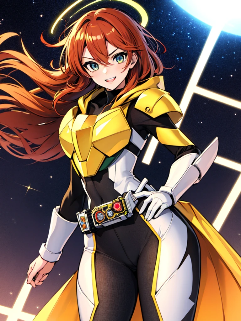 (masterpiece), best quality, expressive eyes, highres, perfect eyes, 1girl, perfect face, perfect hands, standing, rider belt, armor, 1girl, auburn hair, perfect anatomy, medium hair, auburn hair, tomboy, chuunibyou, mythology, toned body, strong, confident, friendly, mythological, golden eyes, messy hair, crazy hair, heroic, half body, cowboy shot, wind, windy, super hero, kamen rider, smile, happy, holster, phoenix motif, auburn hair, Multicolored Hair, Hair Over Shoulder, orange colored inner hair, hand bag, thigh pouch, hands on hips, city background, night time, stars, halo, 1girl, white bodysuit, gold armor, shoulder armor, armored, hooded,