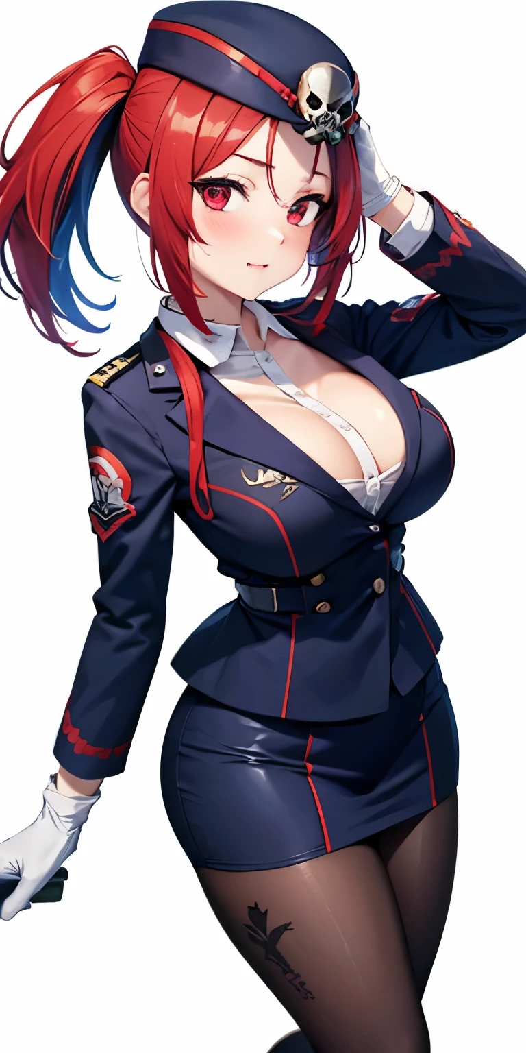 1 Female,High definition,high resolution,Ultra-realistic,8K, 1girl, solo, red hair, red eyes, twintails, employee uniform, pencil skirt, skull print, navy cap, fang, black legwear, white gloves, large breasts,European,sexy,Upper body close-up,Photographed from the front,Dynamic Angles,(blush), (medium tits) , multicolored hair 