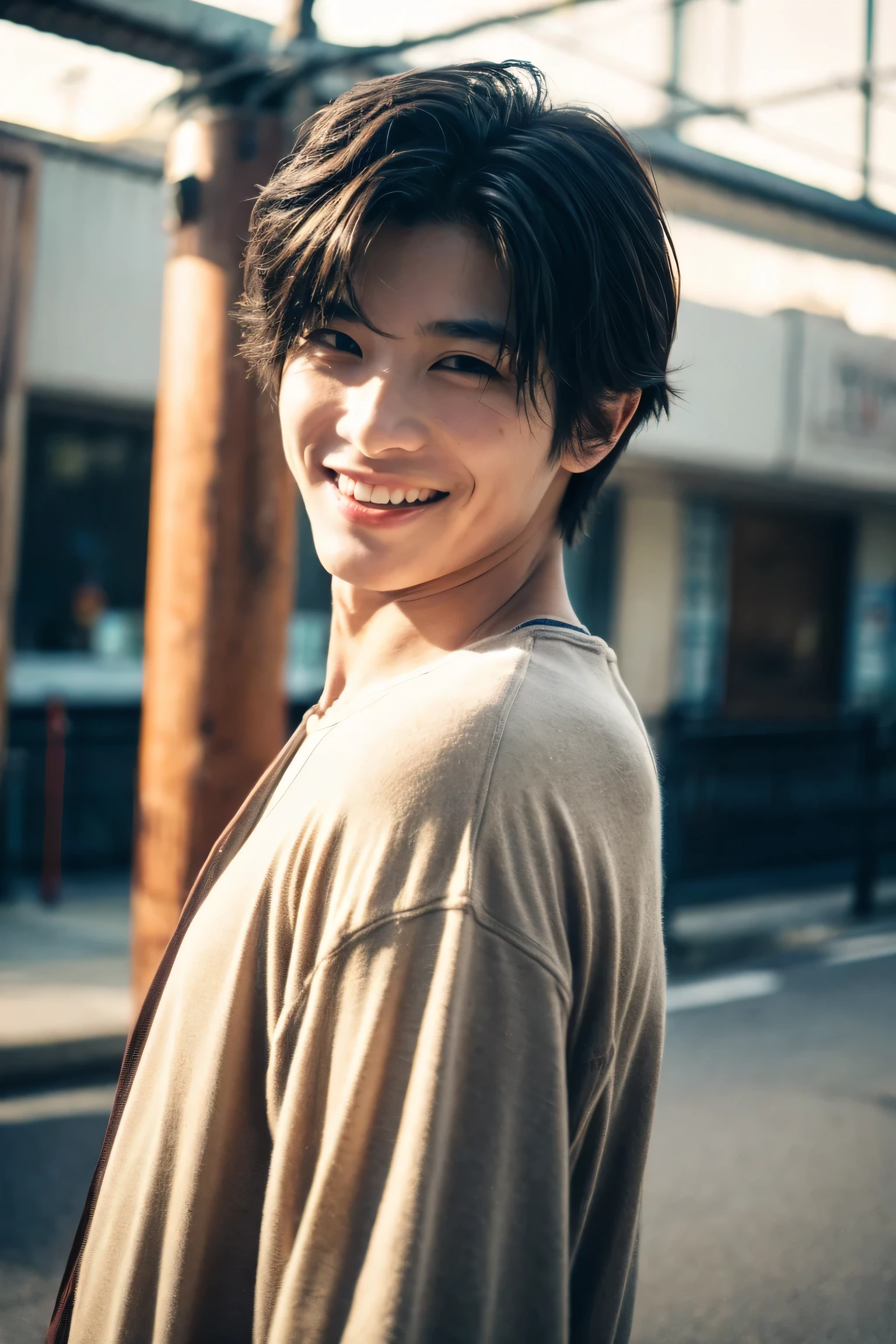 (Cinematic Aesthetics :1.4)  blurry urban noon image of a beautiful japanese fashion mens model,smile