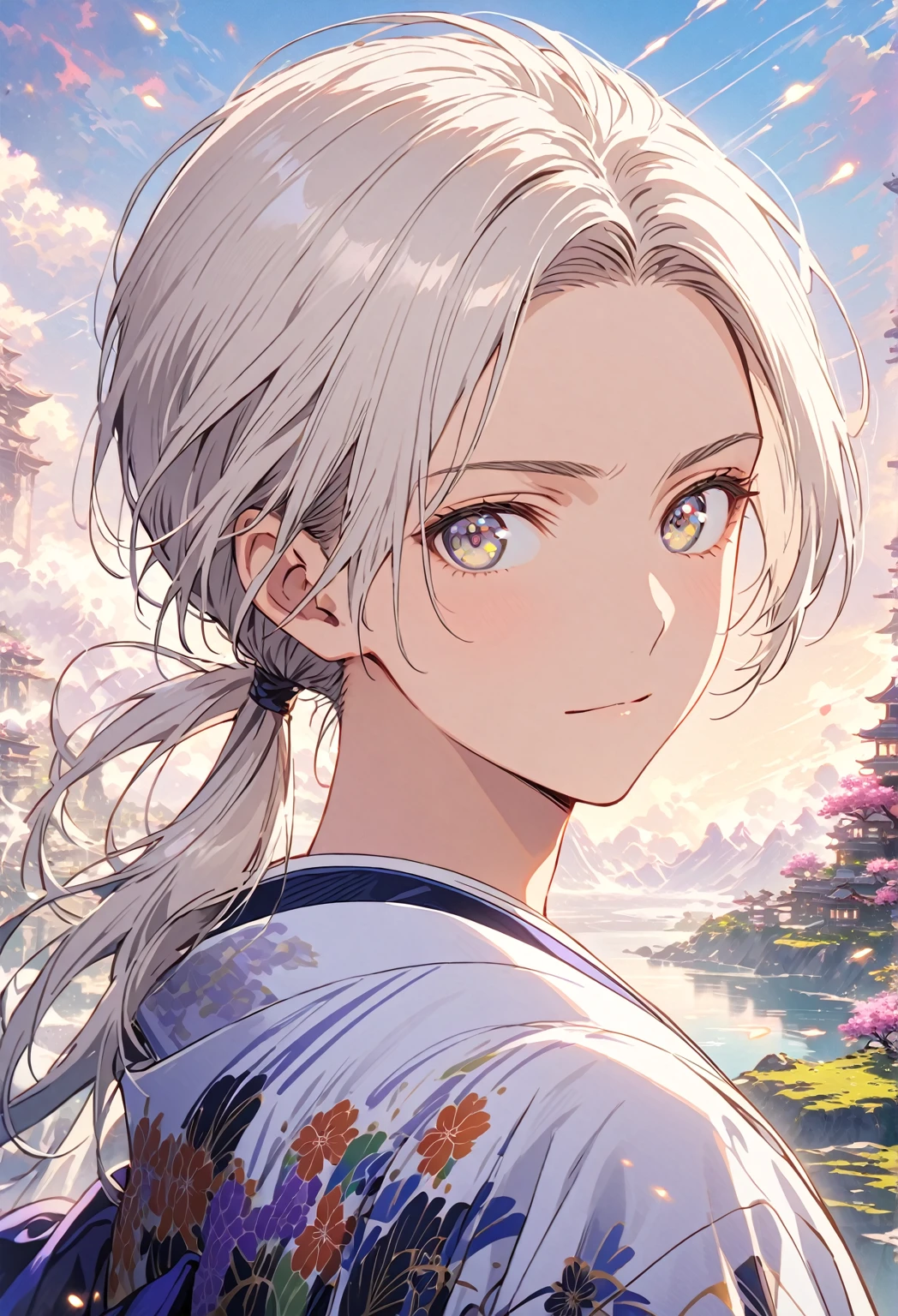 ((Portrait)) ((POV: Close)) (A Boy) (Gentle Expression) Short pony tail white hair boy with white eyes, wearing a Japanese floral pattern haori. Standing in a fantasy landscape. Magical dusts are around. 